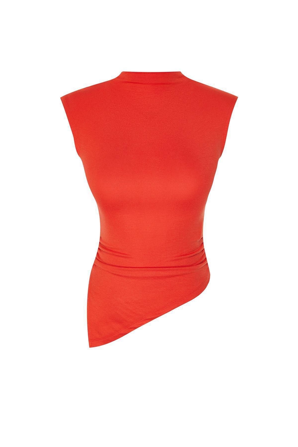 Red Asymmetric Casual Cropped Blouse, , large image number 5