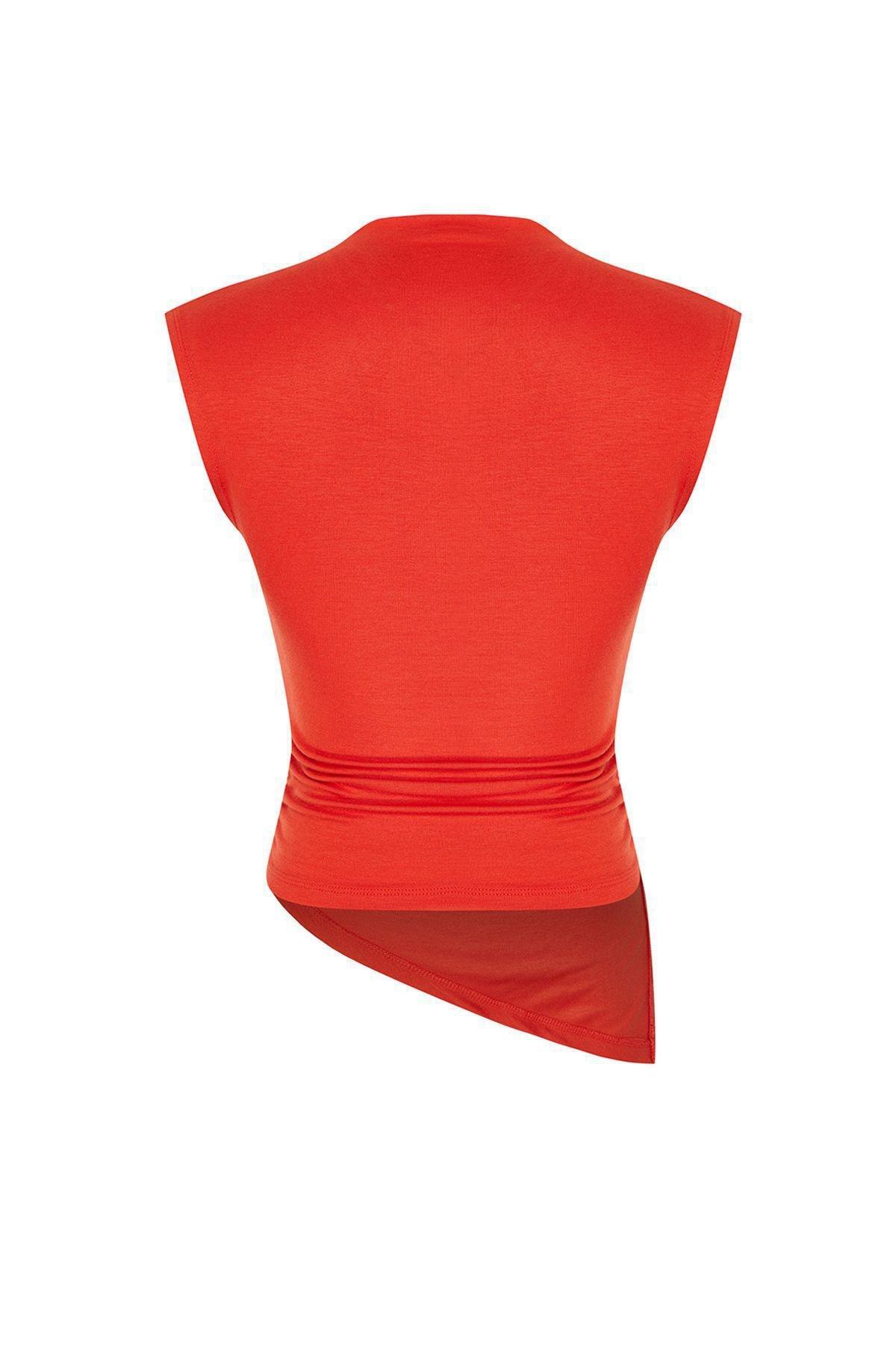 Red Asymmetric Casual Cropped Blouse, , large image number 6