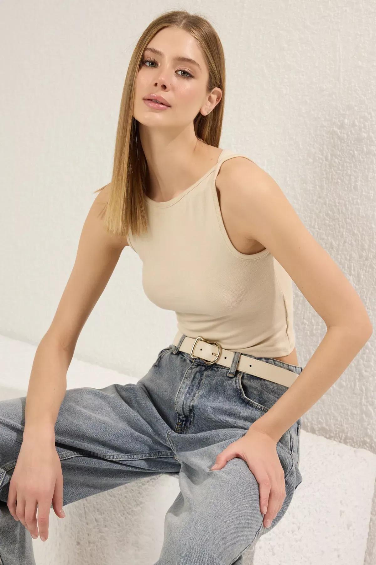 Beige Strap Flexible Knitted Blouse, STONE, large image number 1