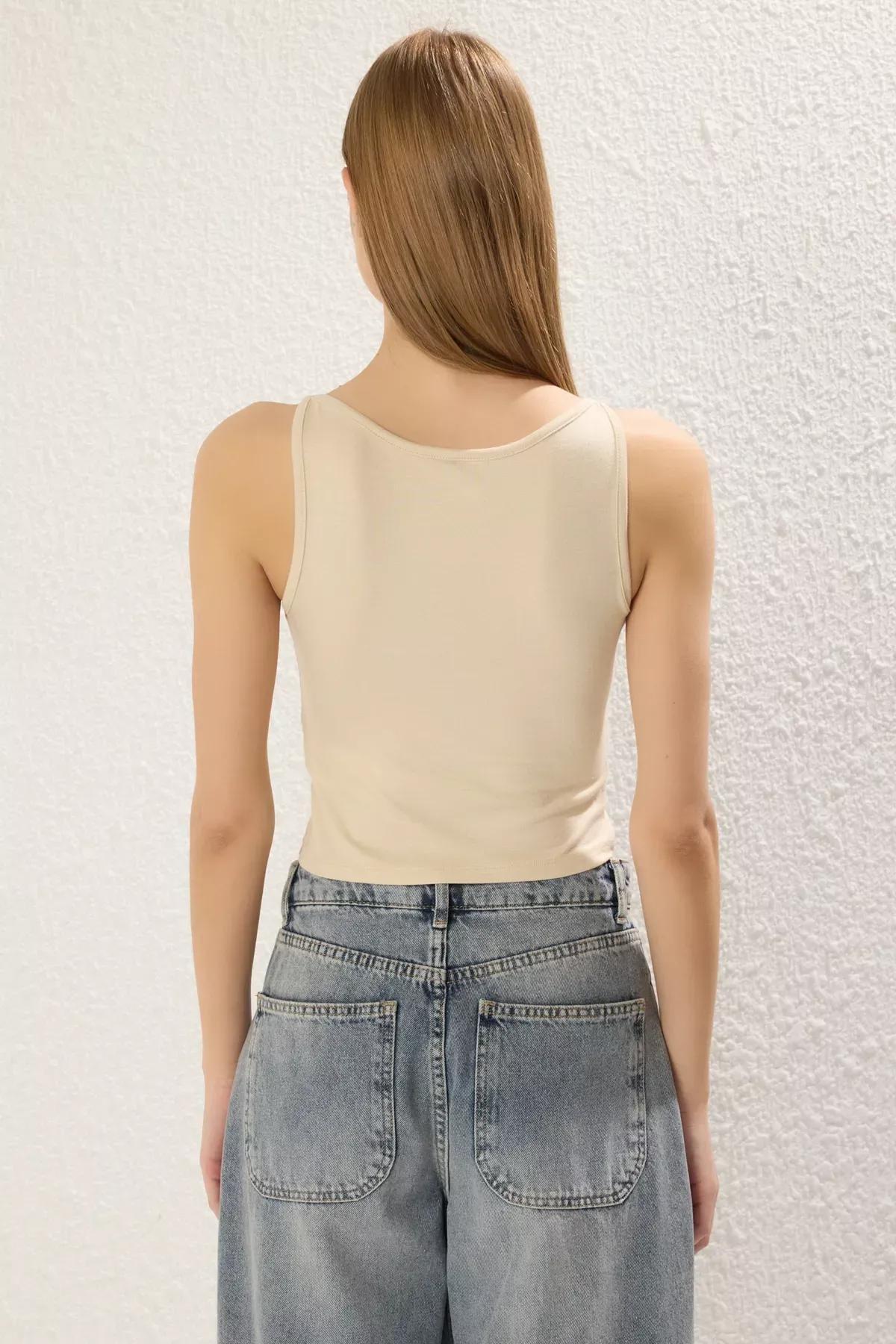 Beige Strap Flexible Knitted Blouse, STONE, large image number 3