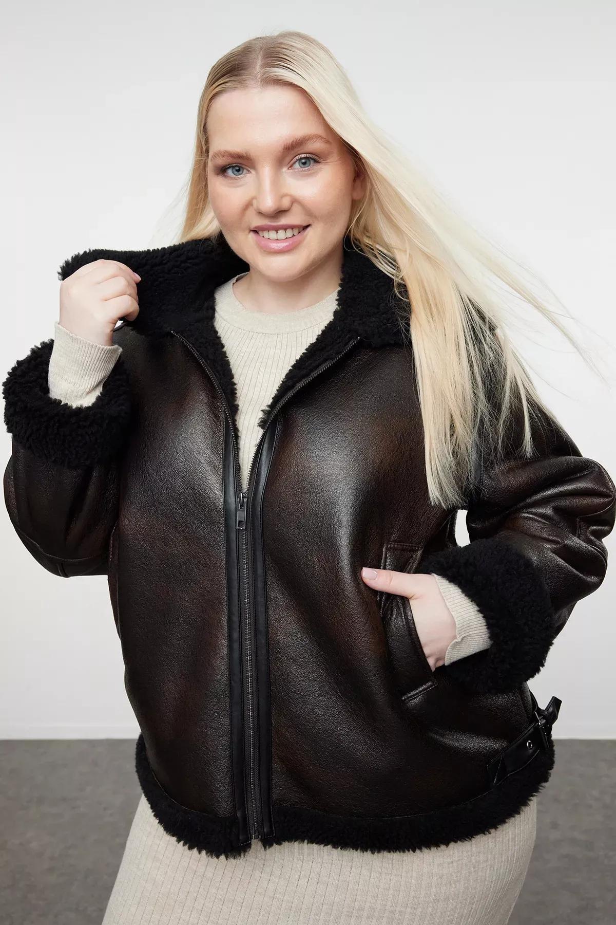 Brown Faux Leather Biker Coat, Brown, large image number 0