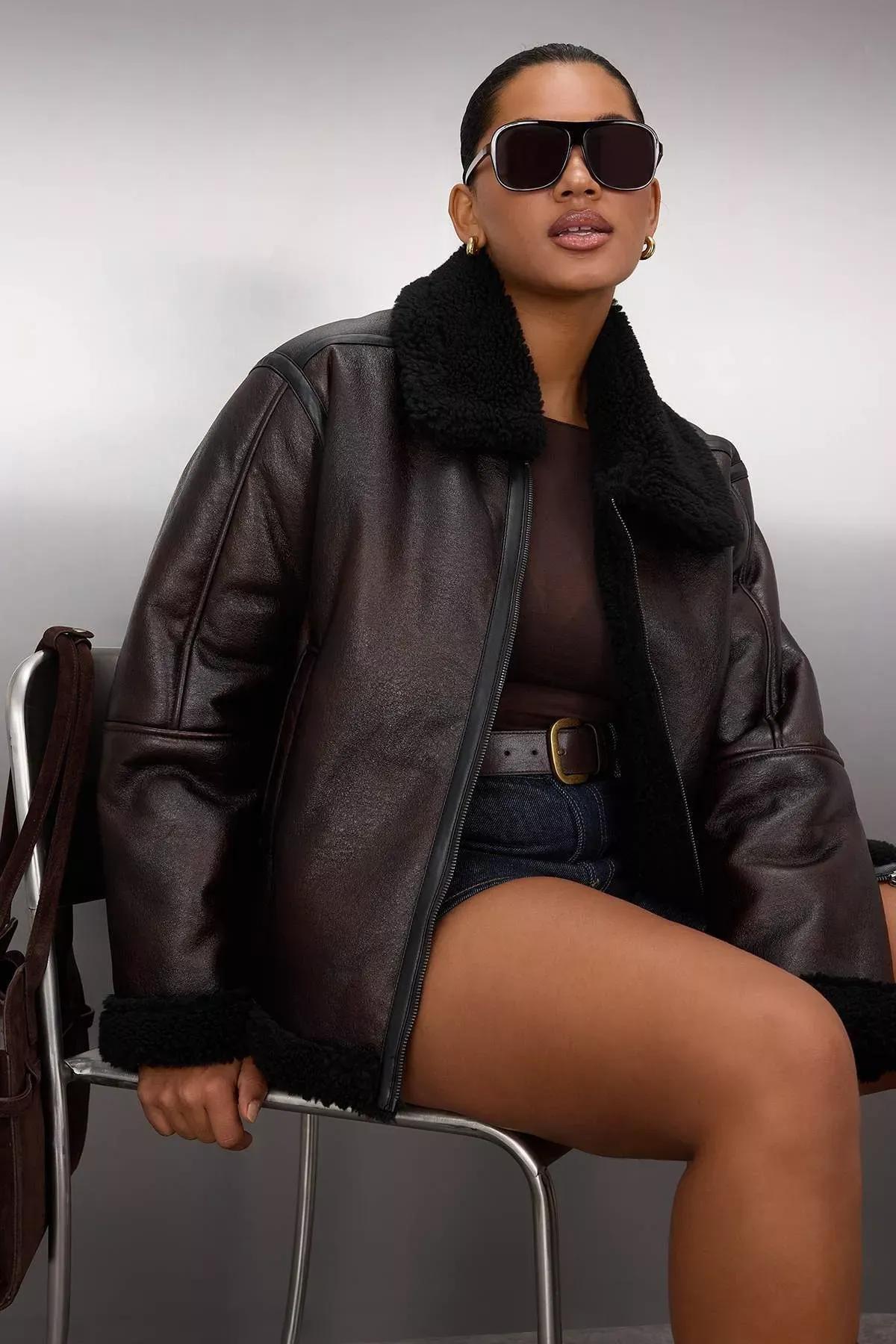Brown Faux Leather Biker Coat, Brown, large image number 1
