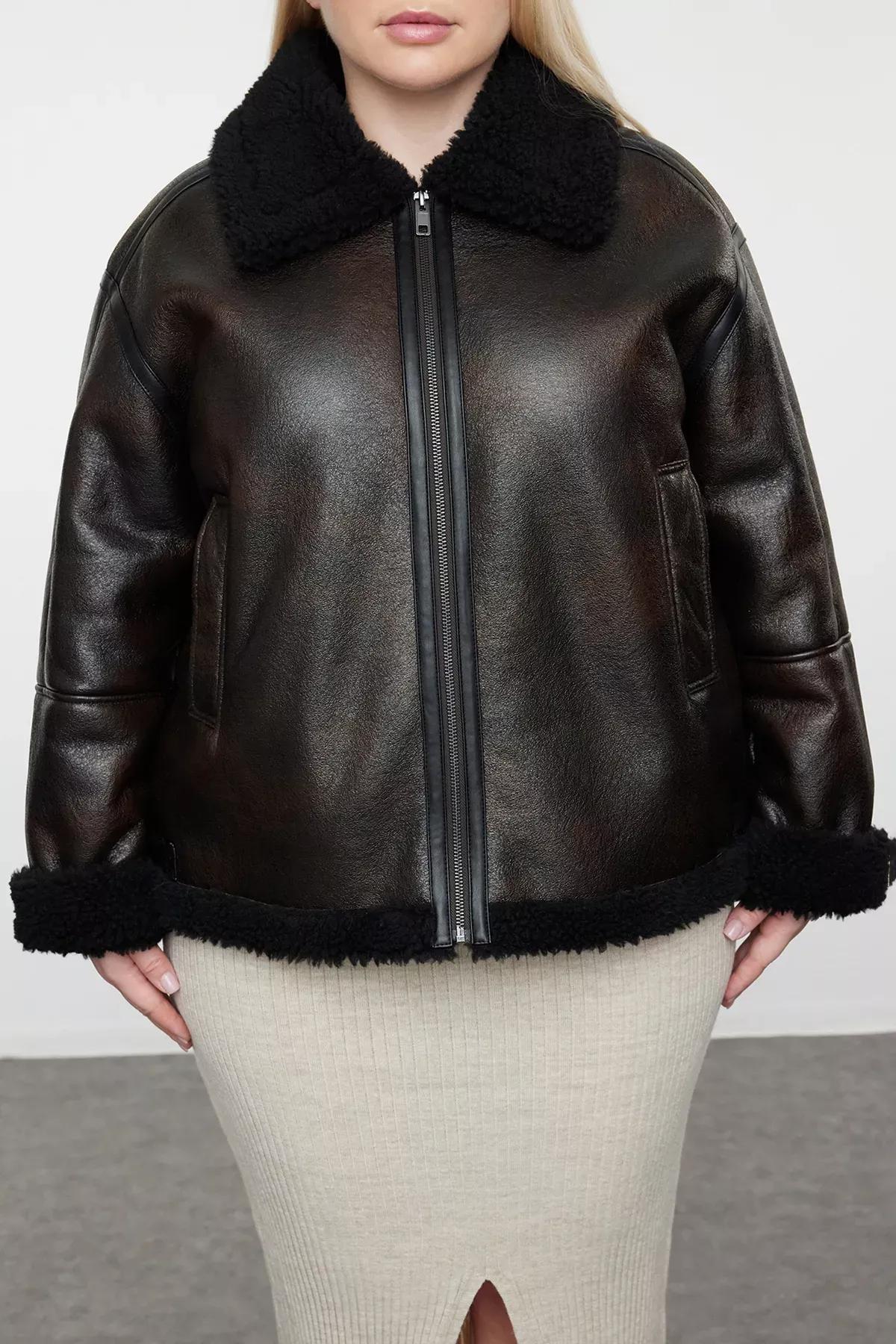 Brown Faux Leather Biker Coat, Brown, large image number 4
