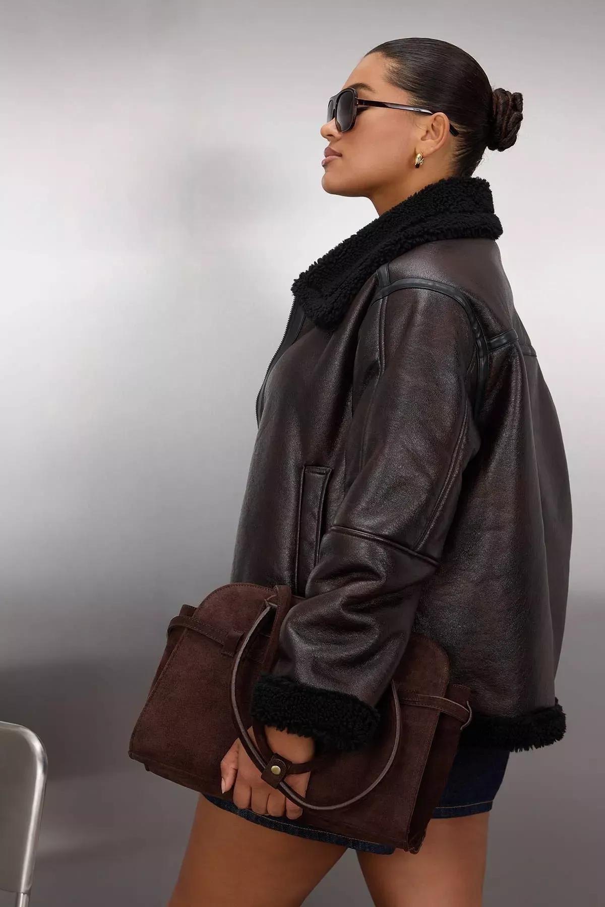 Brown Faux Leather Biker Coat, Brown, large image number 5