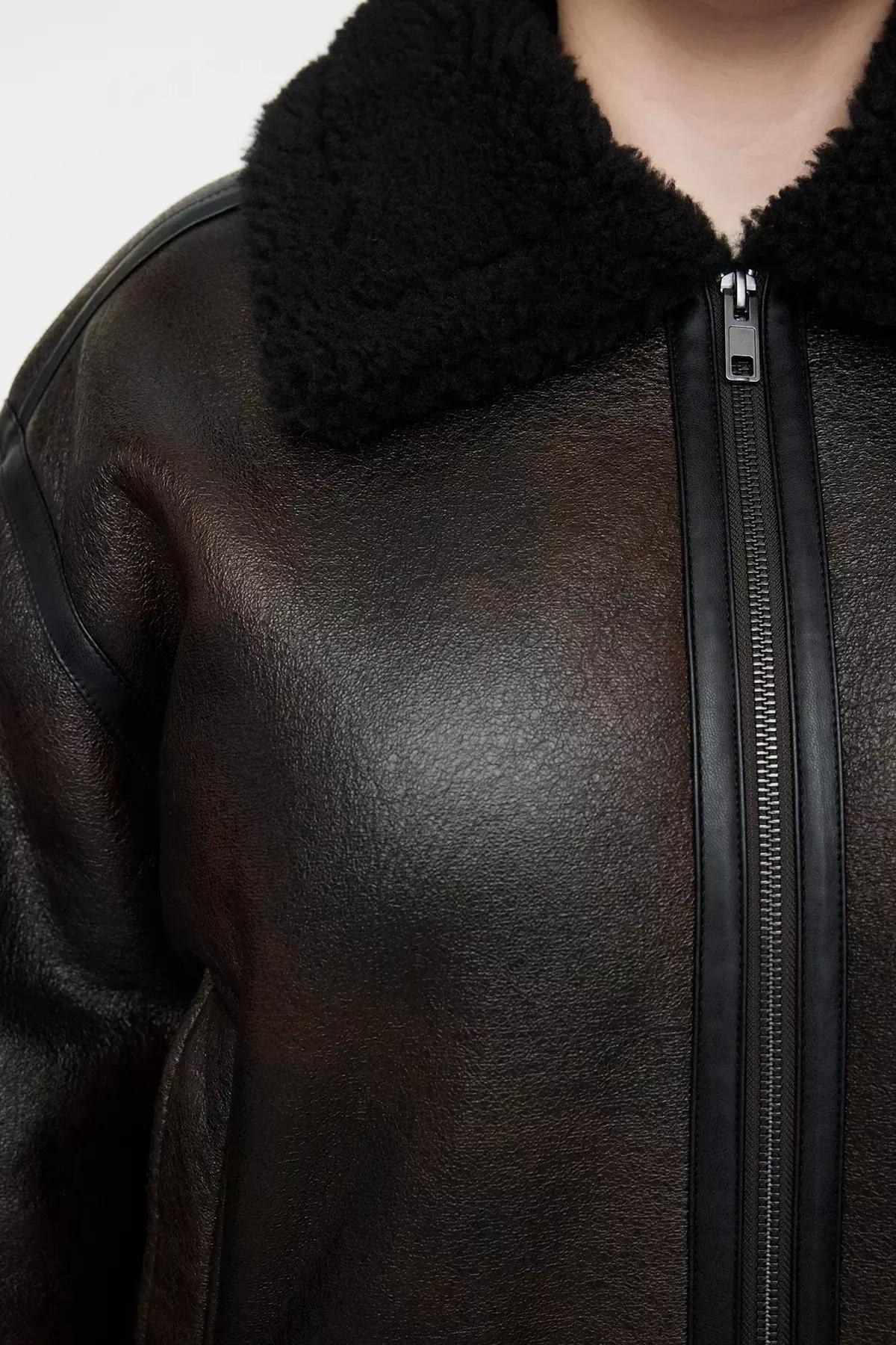 Brown Faux Leather Biker Coat, Brown, large image number 6