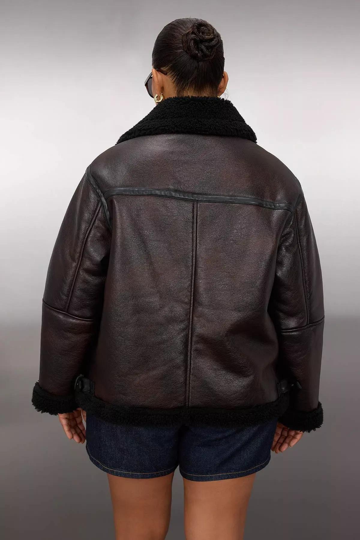 Brown Faux Leather Biker Coat, Brown, large image number 7