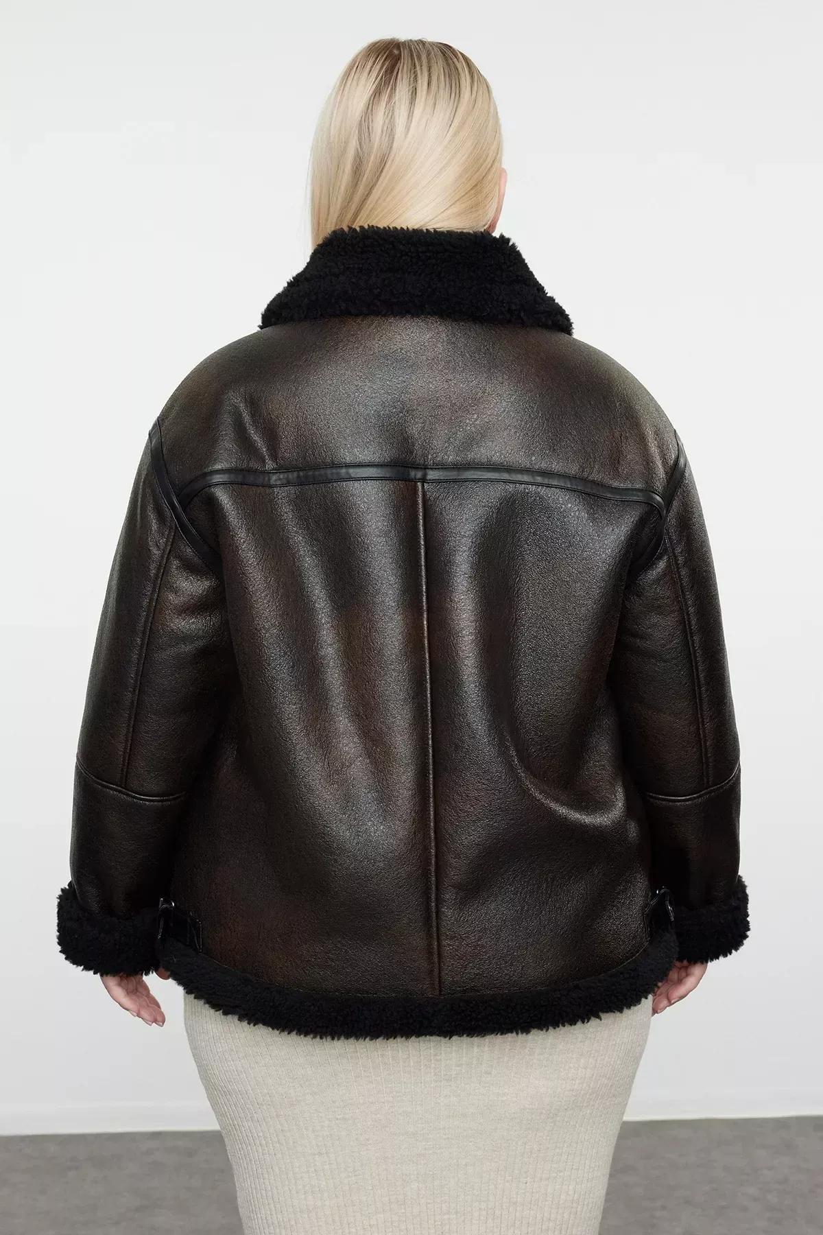 Brown Faux Leather Biker Coat, Brown, large image number 8
