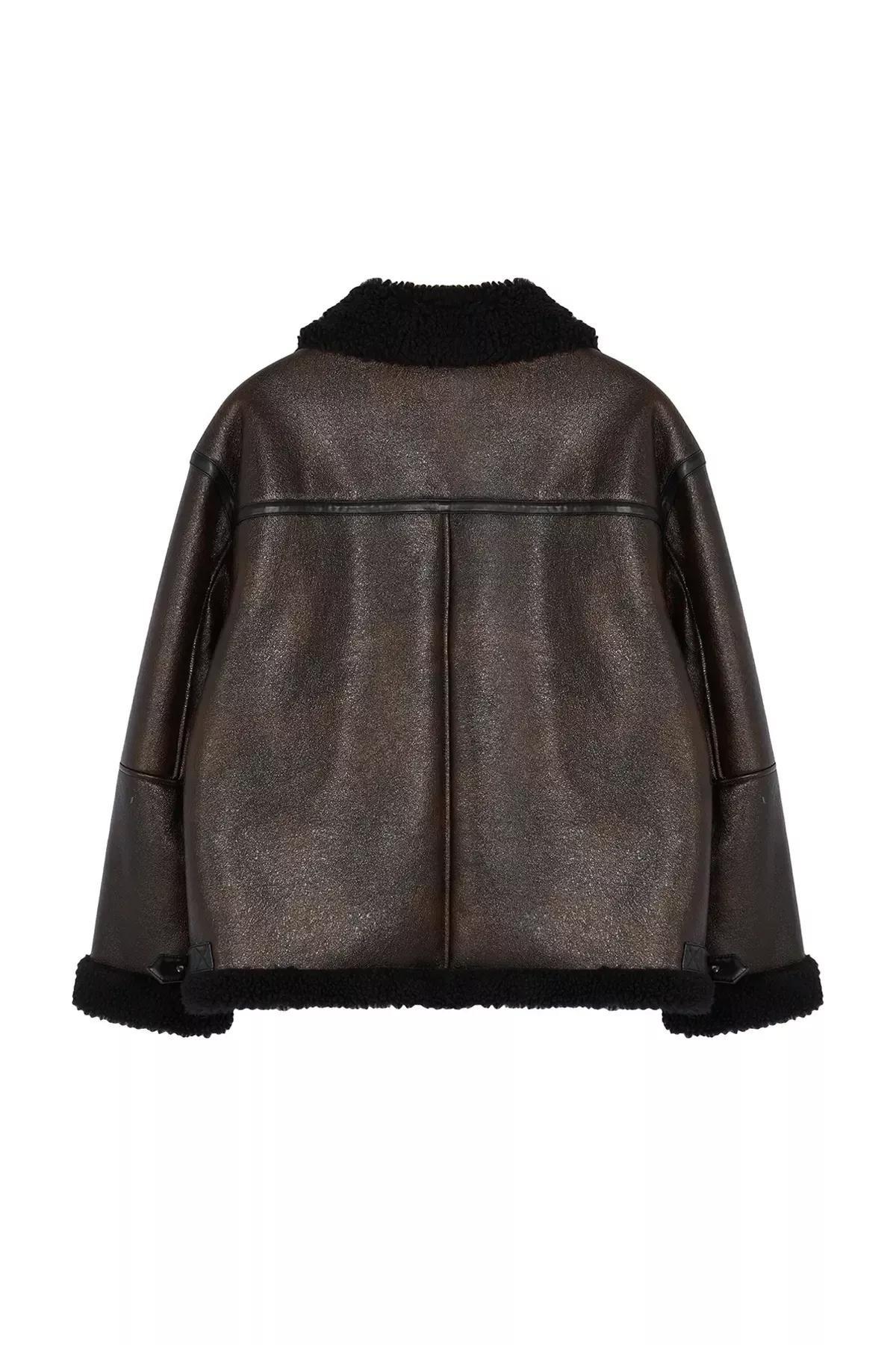 Brown Faux Leather Biker Coat, Brown, large image number 9