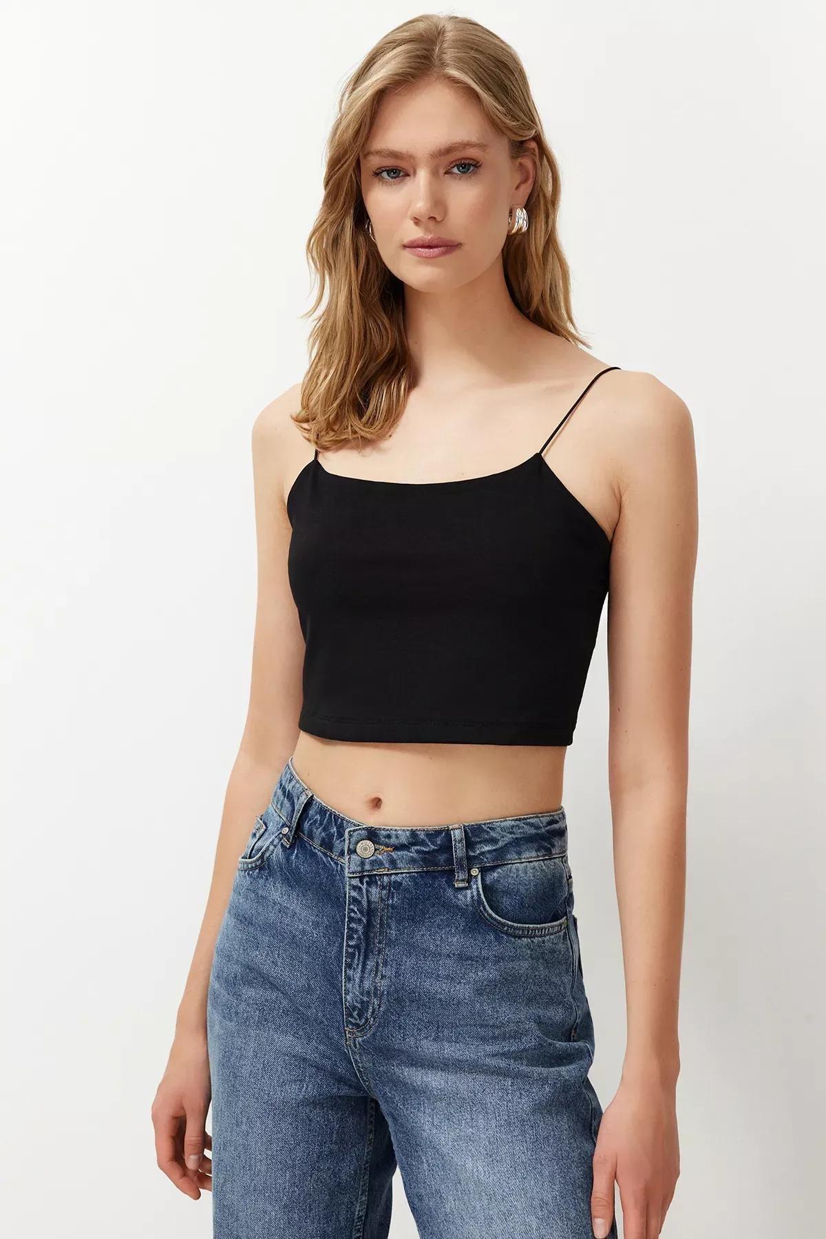 Black-Spaghetti Strap Fitted Crop Undershirt, , large image number 3