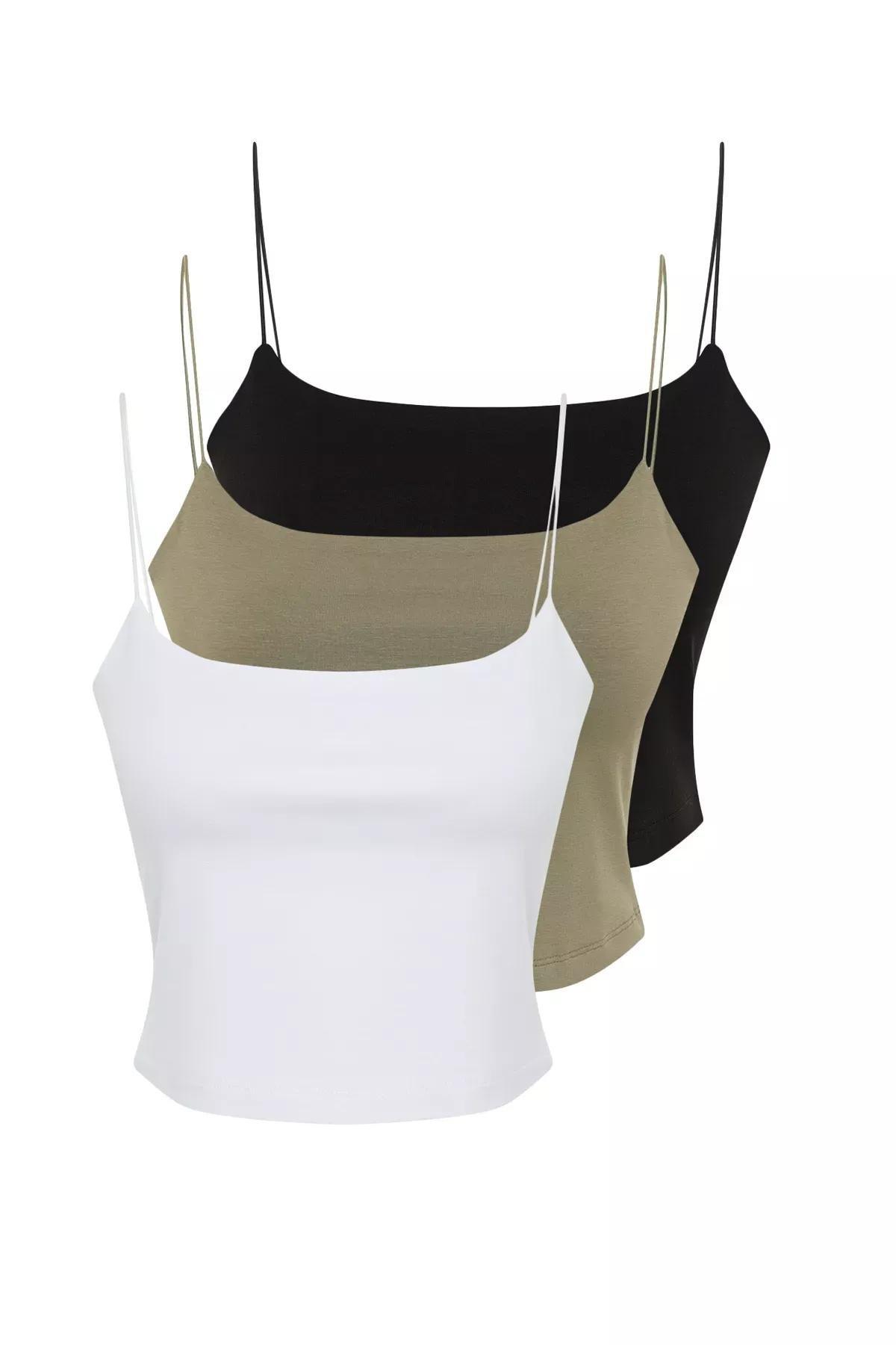 Black-Spaghetti Strap Fitted Crop Undershirt, , large image number 6