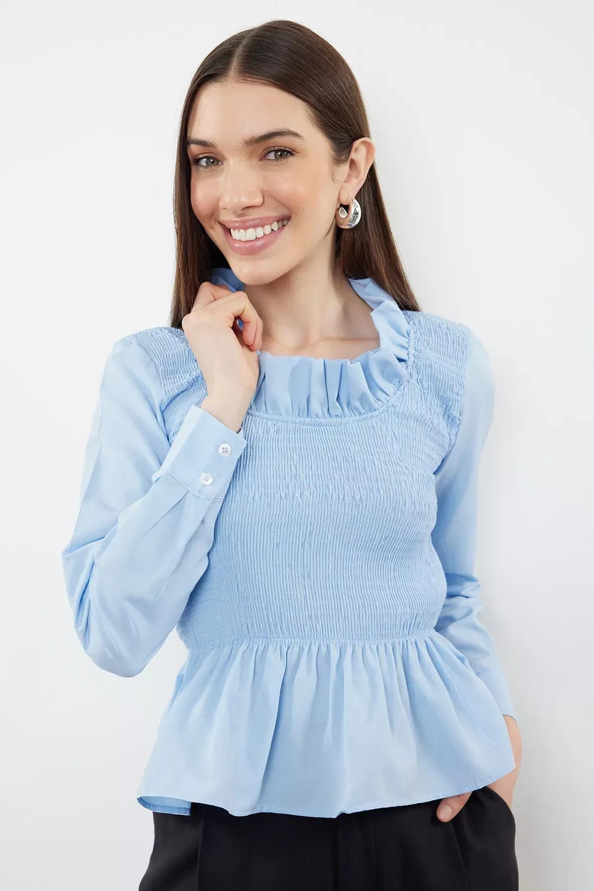 Blue Frilly Gimped Woven Blouse, , large image number 0