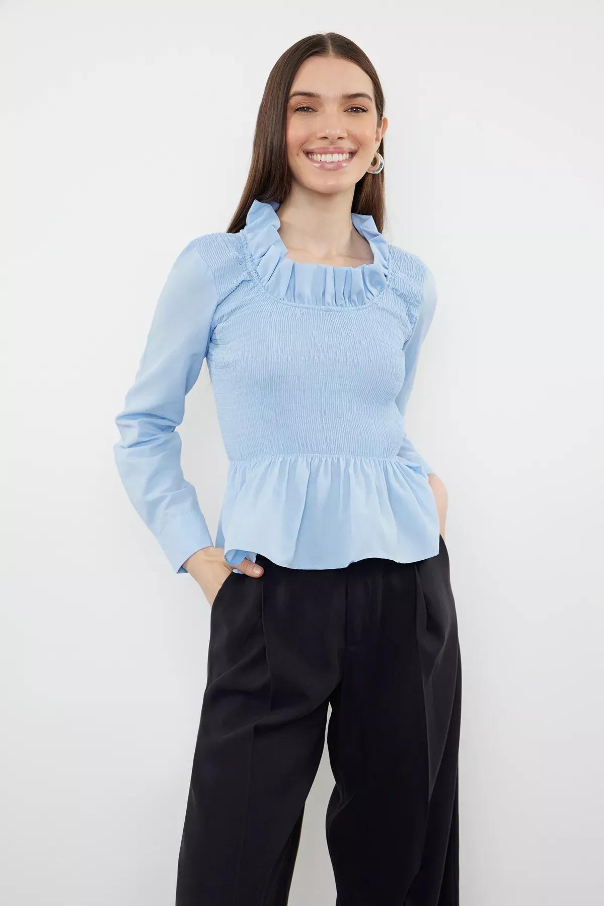 Blue Frilly Gimped Woven Blouse, , large image number 1