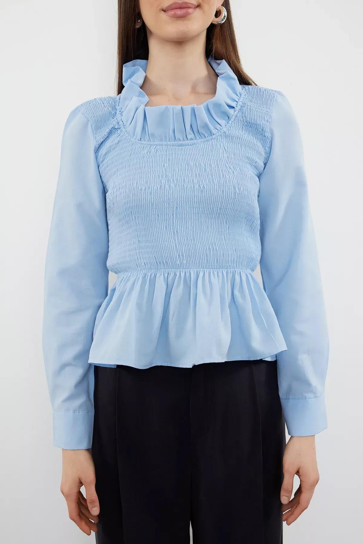 Blue Frilly Gimped Woven Blouse, , large image number 2