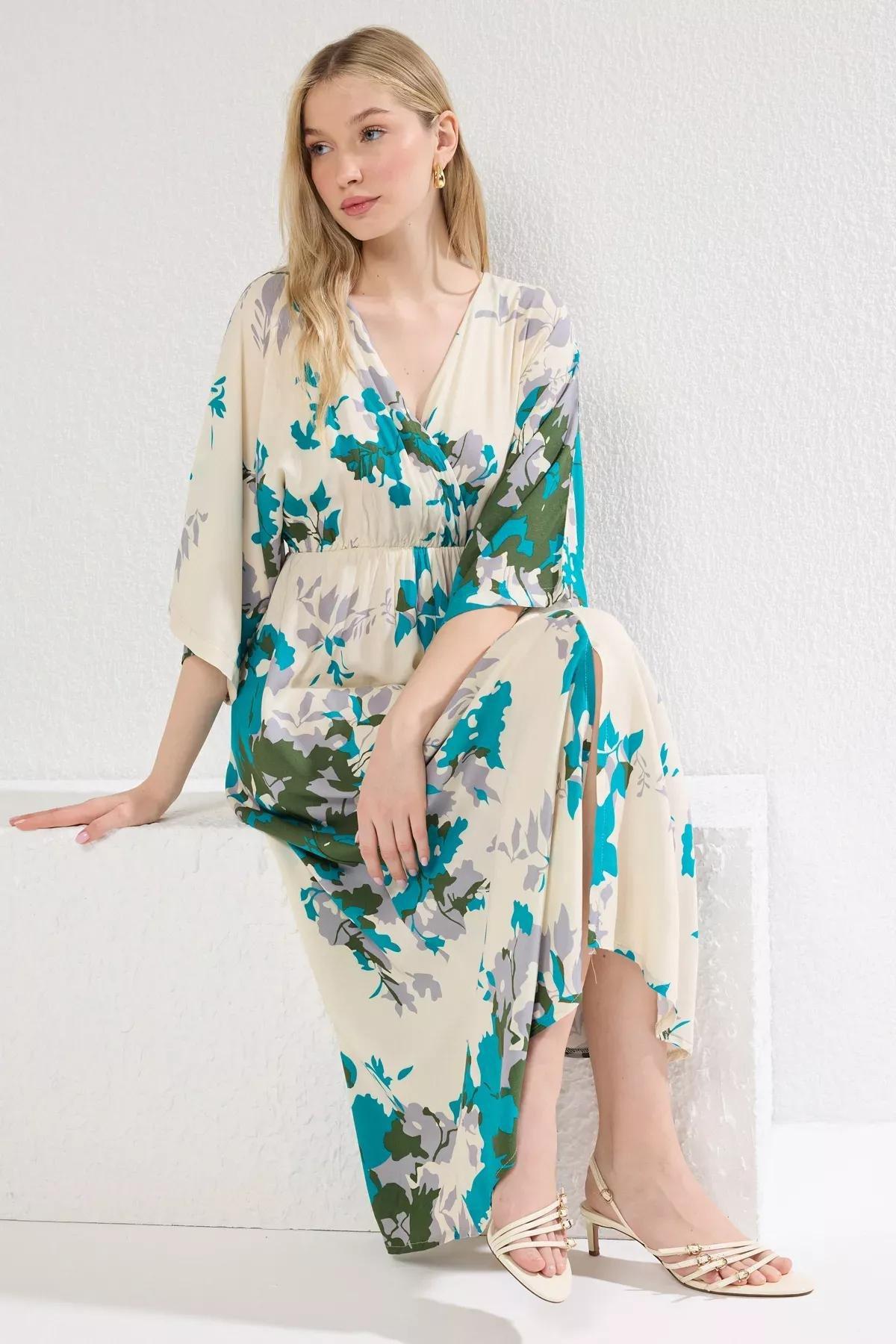 Beige Floral A-Line Midi Dress, , medium