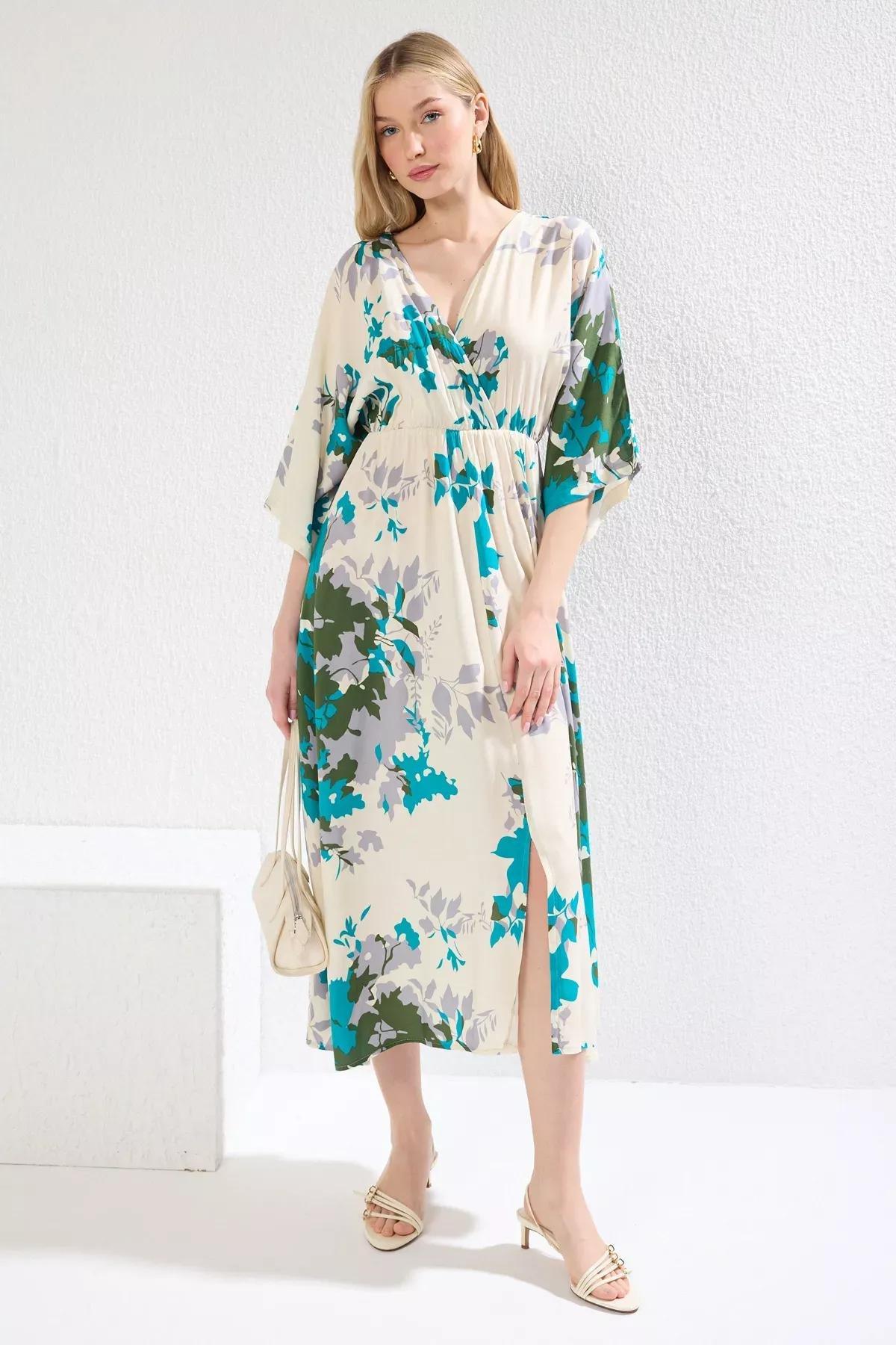 Beige Floral A-Line Midi Dress, Ecru, large image number 1