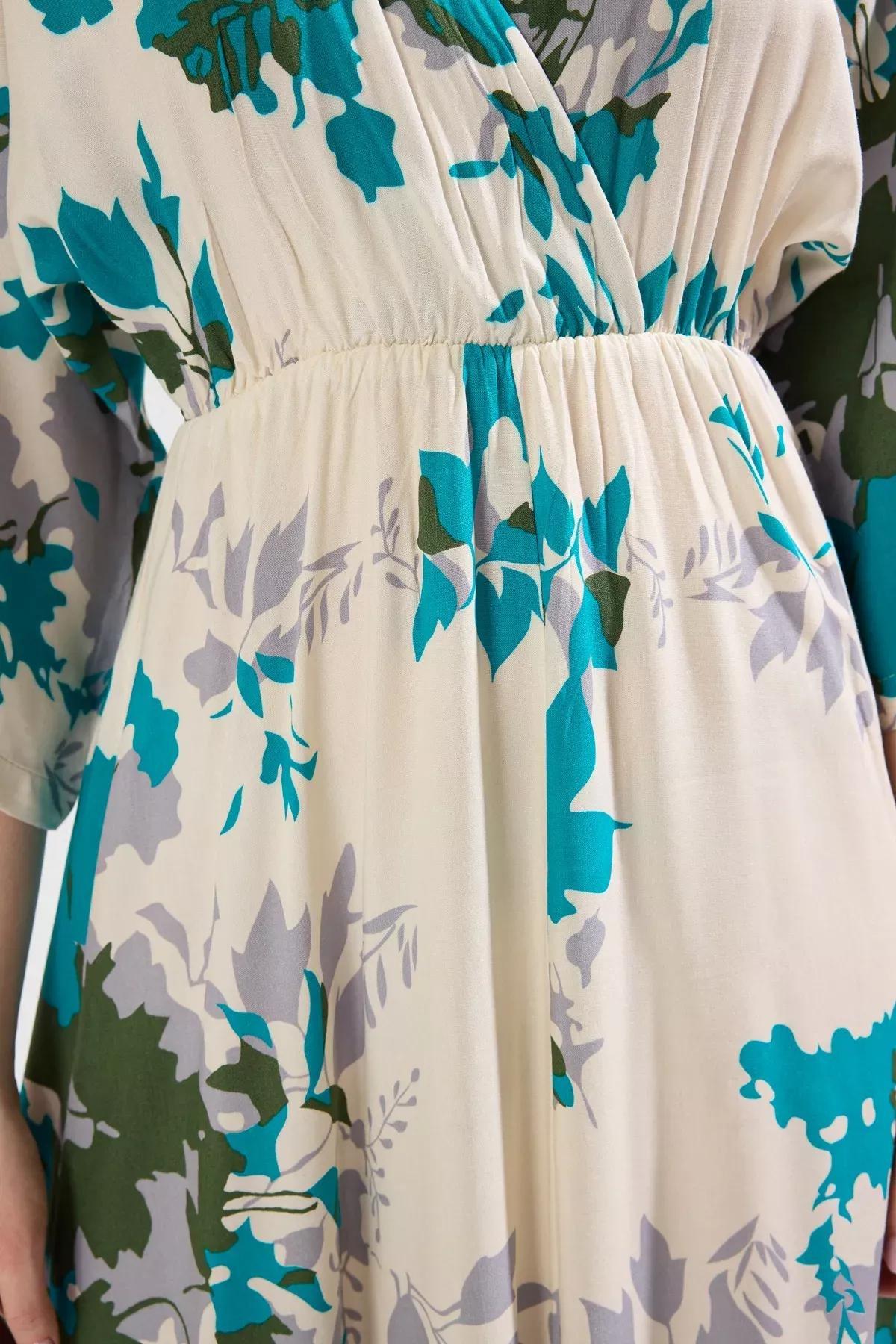 Beige Floral A-Line Midi Dress, Ecru, large image number 2