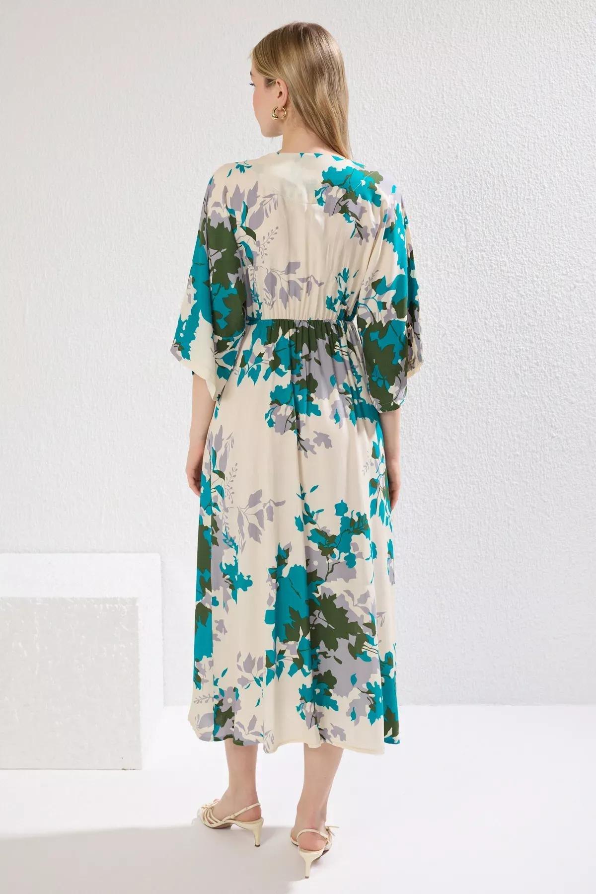 Beige Floral A-Line Midi Dress, Ecru, large image number 3