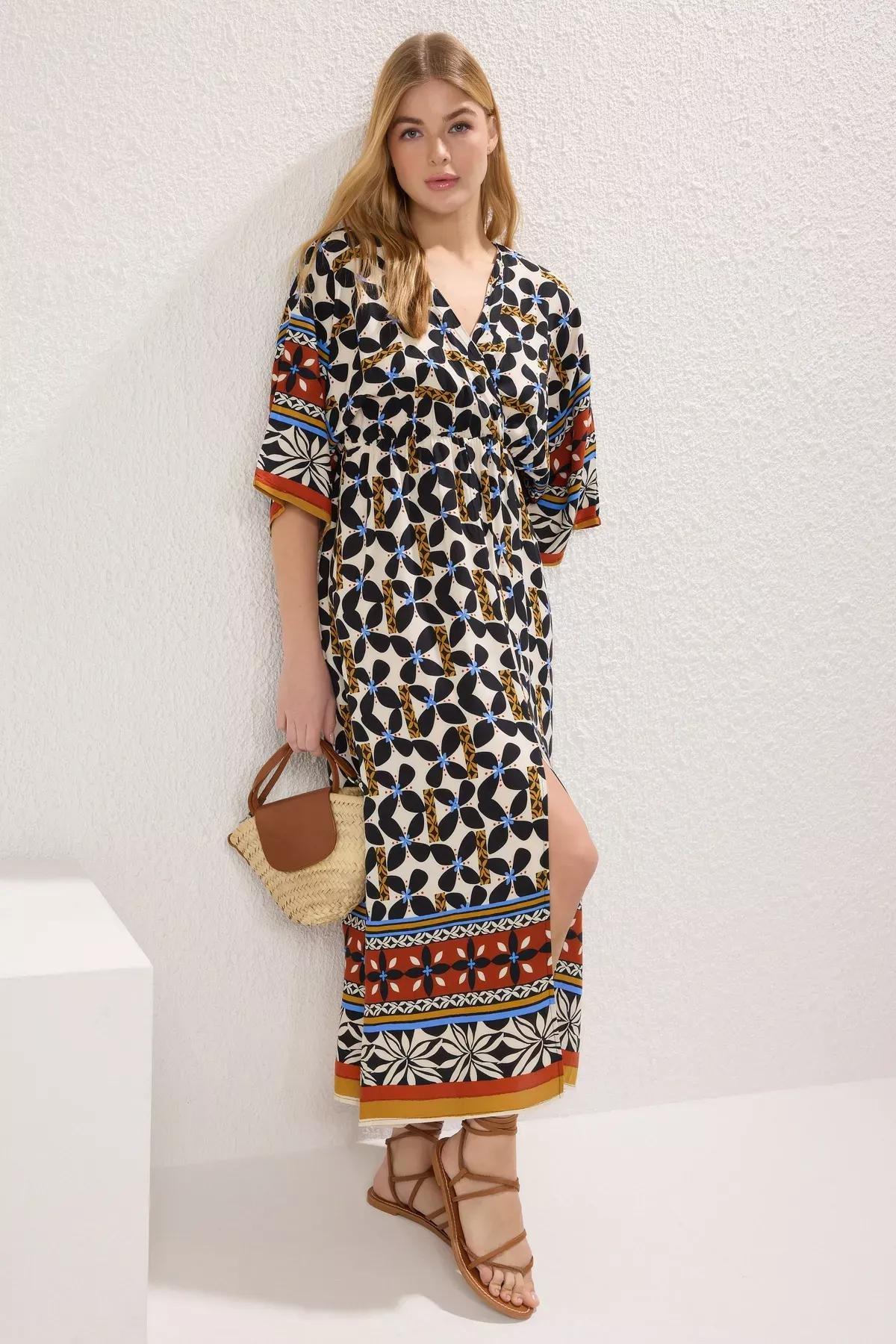 Multicolour Patterned A-Line Midi Dress, , medium