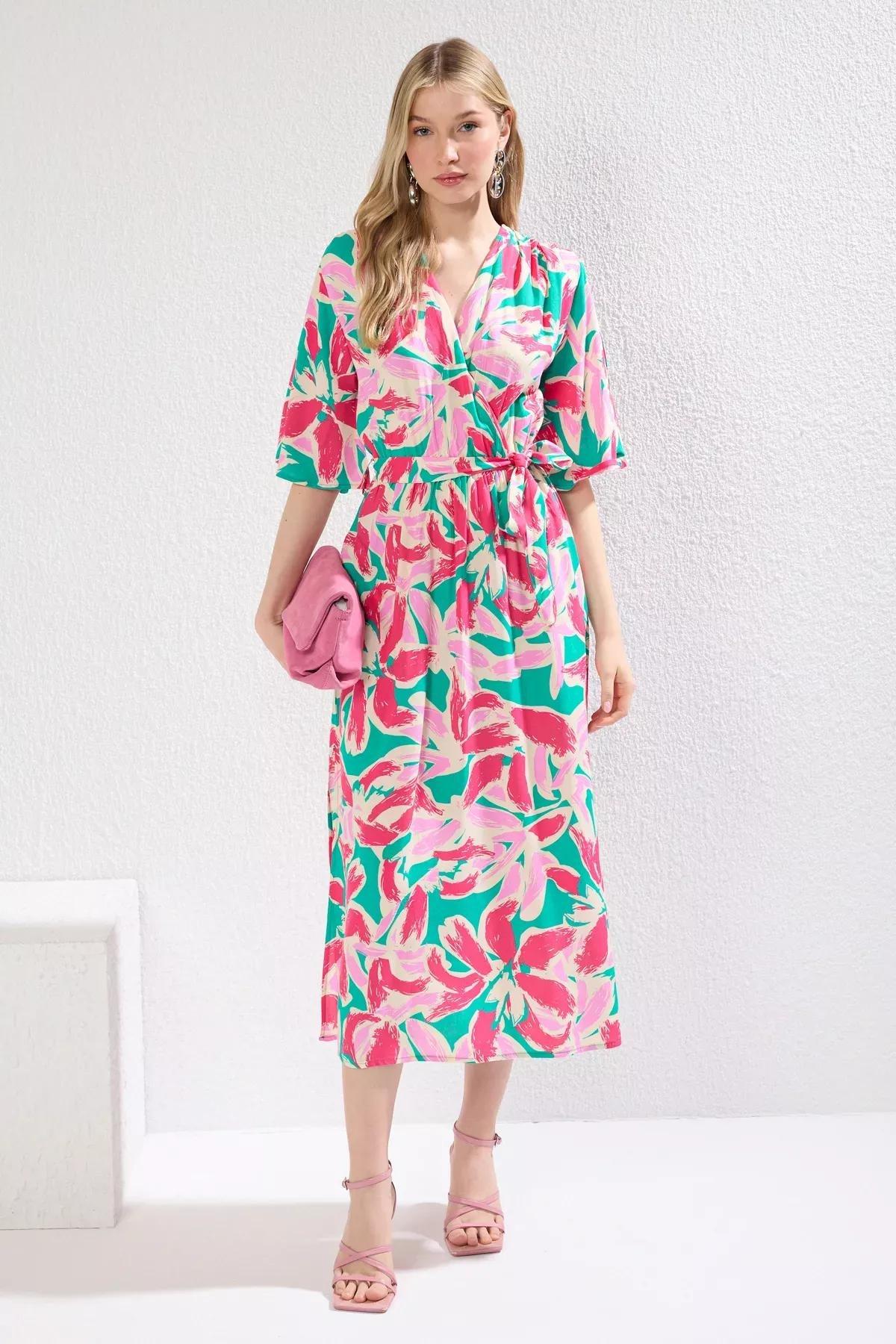 Pink Floral Patterned A-Line Midi Dress, Pink, large image number 0