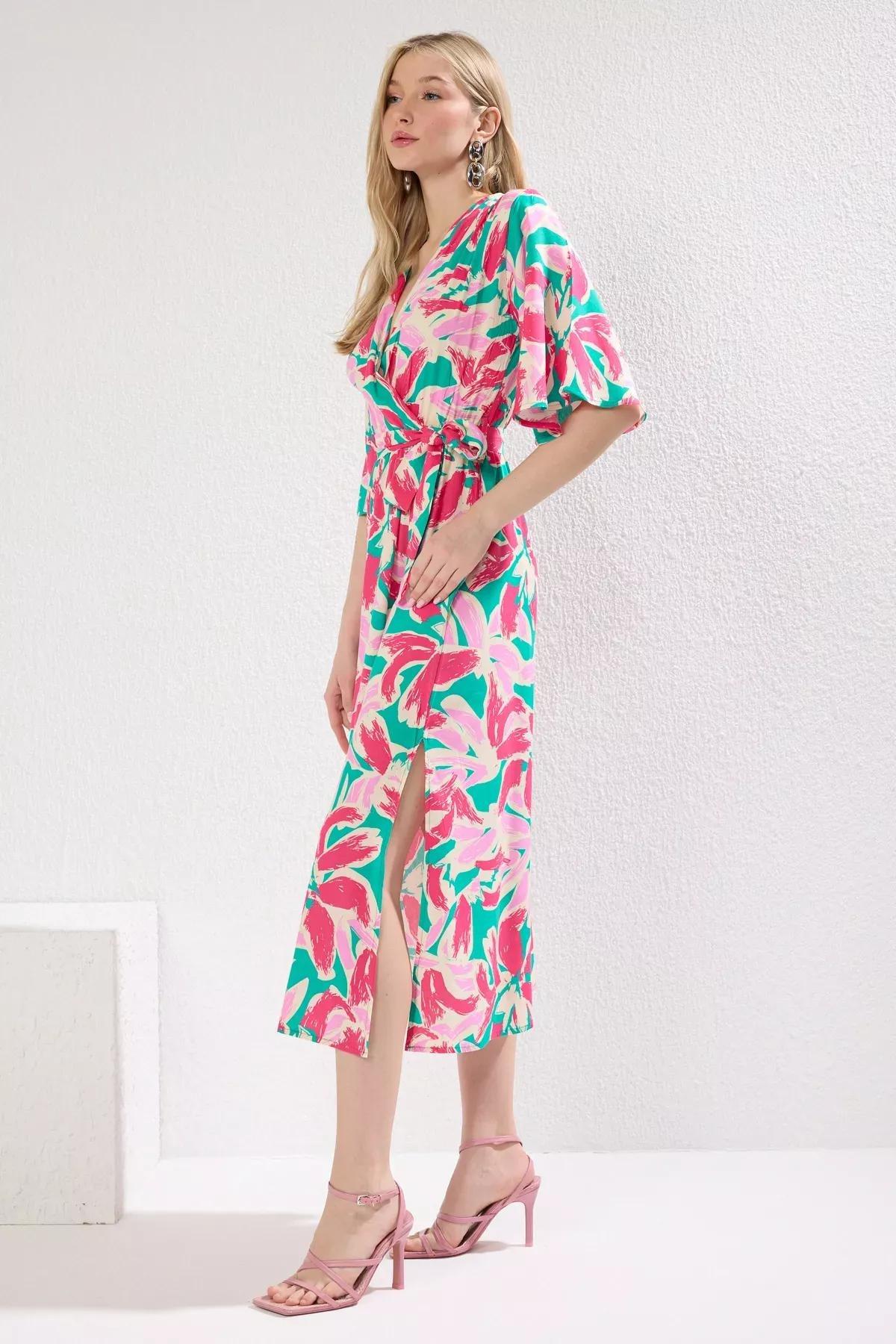 Pink Floral Patterned A-Line Midi Dress, Pink, large image number 1