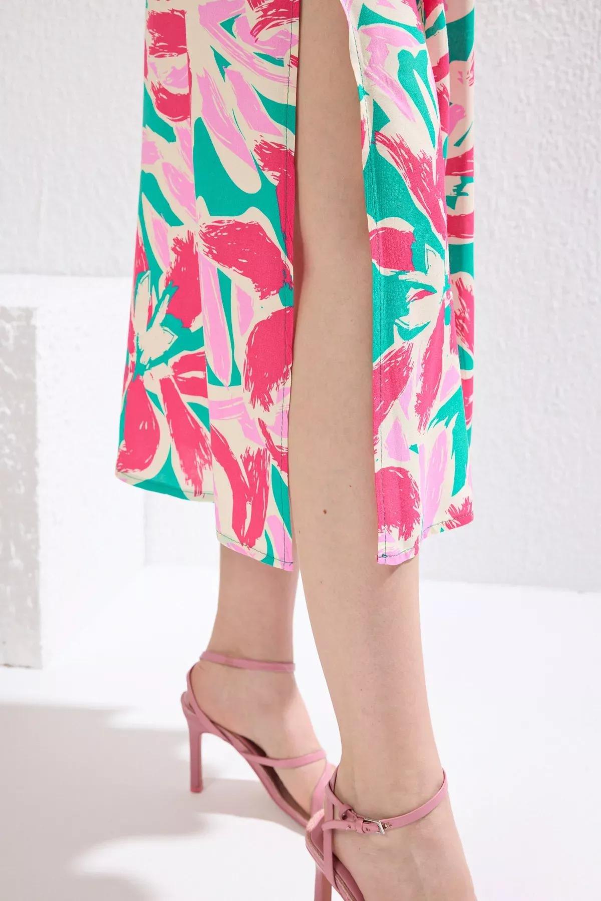 Pink Floral Patterned A-Line Midi Dress, Pink, large image number 2