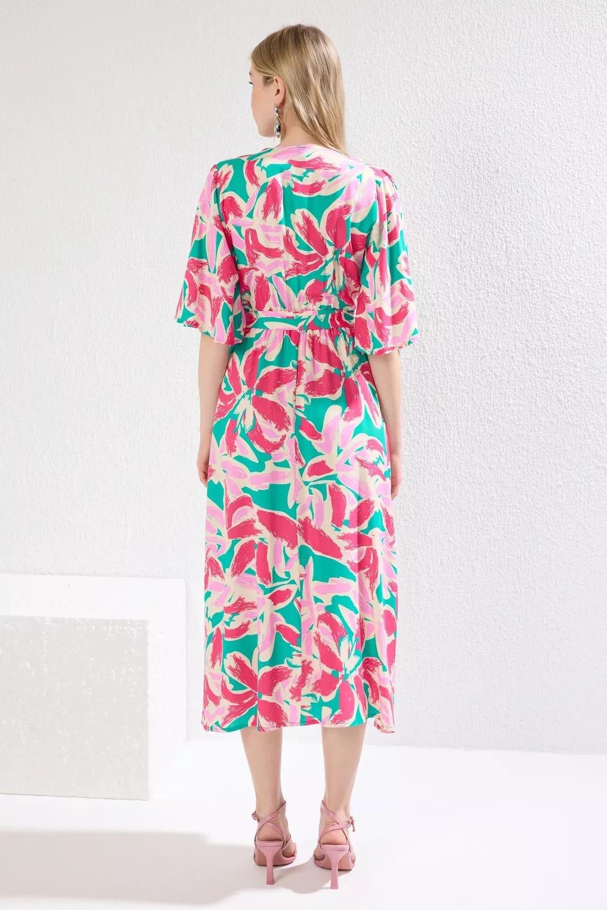 Pink Floral Patterned A-Line Midi Dress, Pink, large image number 3