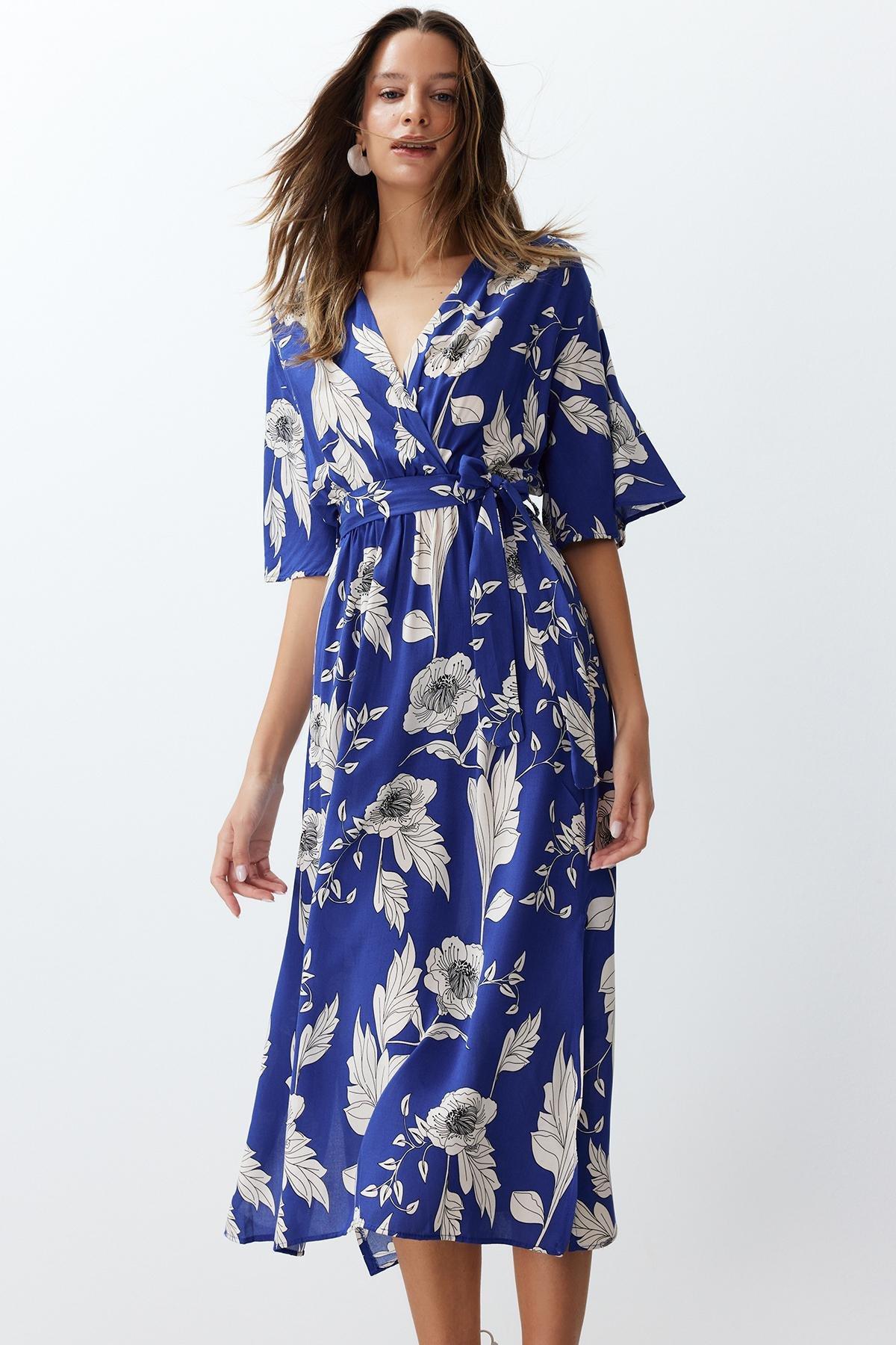 Blue Patterned Double-Breasted Midi Dress, , large image number 0