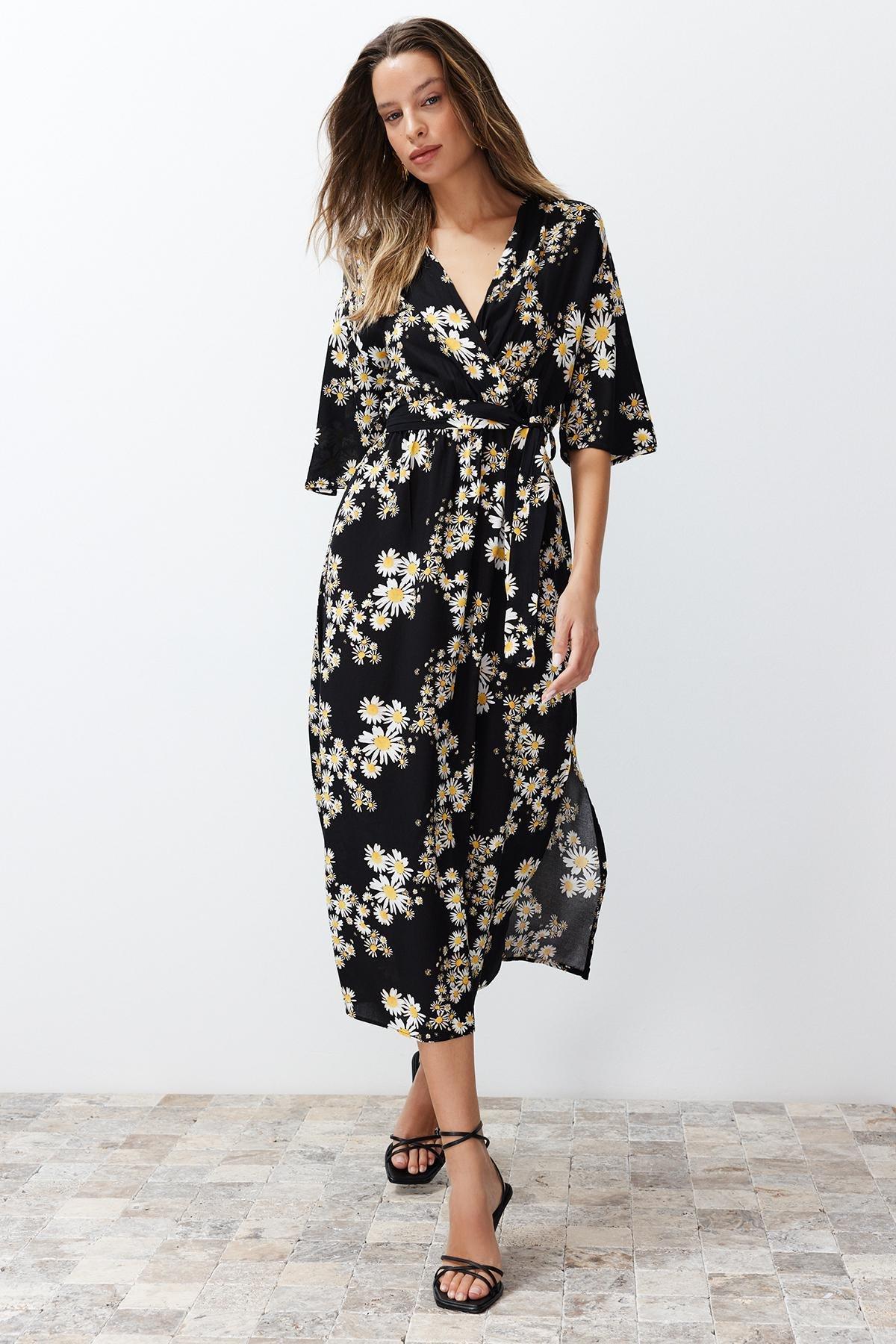 Black Patterned Double-Breasted Collar Midi Dress, , medium