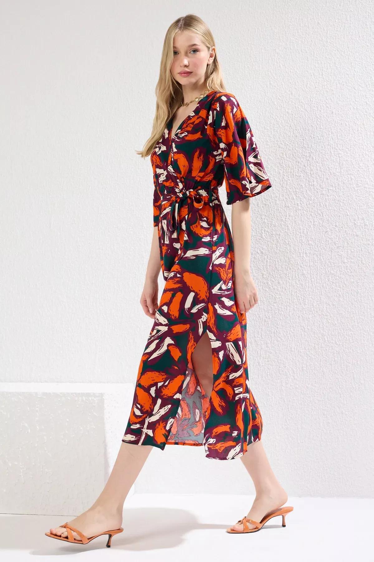Orange Multicolor Floral A-Line Midi Dress, , medium