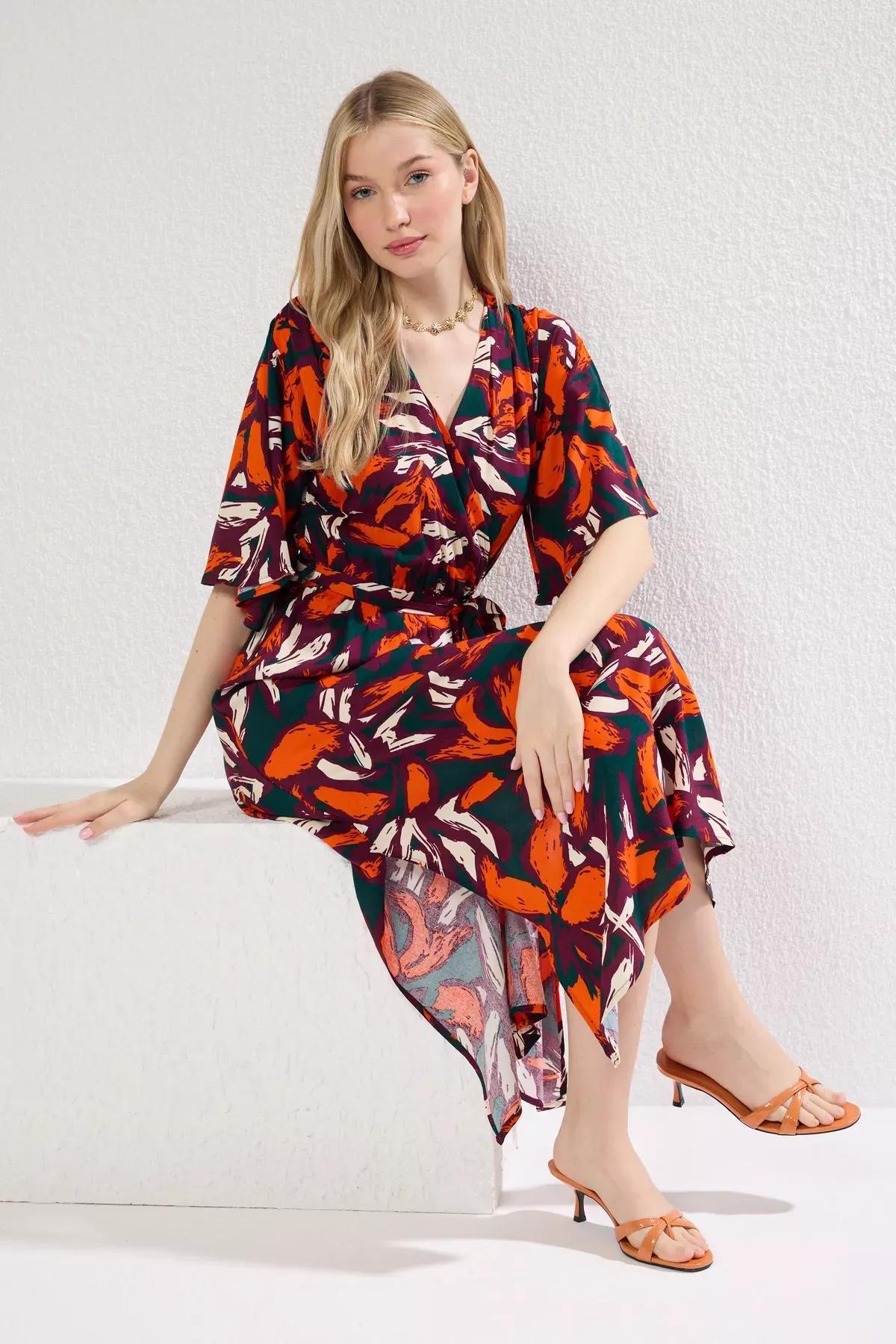 Orange Multicolor Floral A-Line Midi Dress, Very colorful, large image number 1
