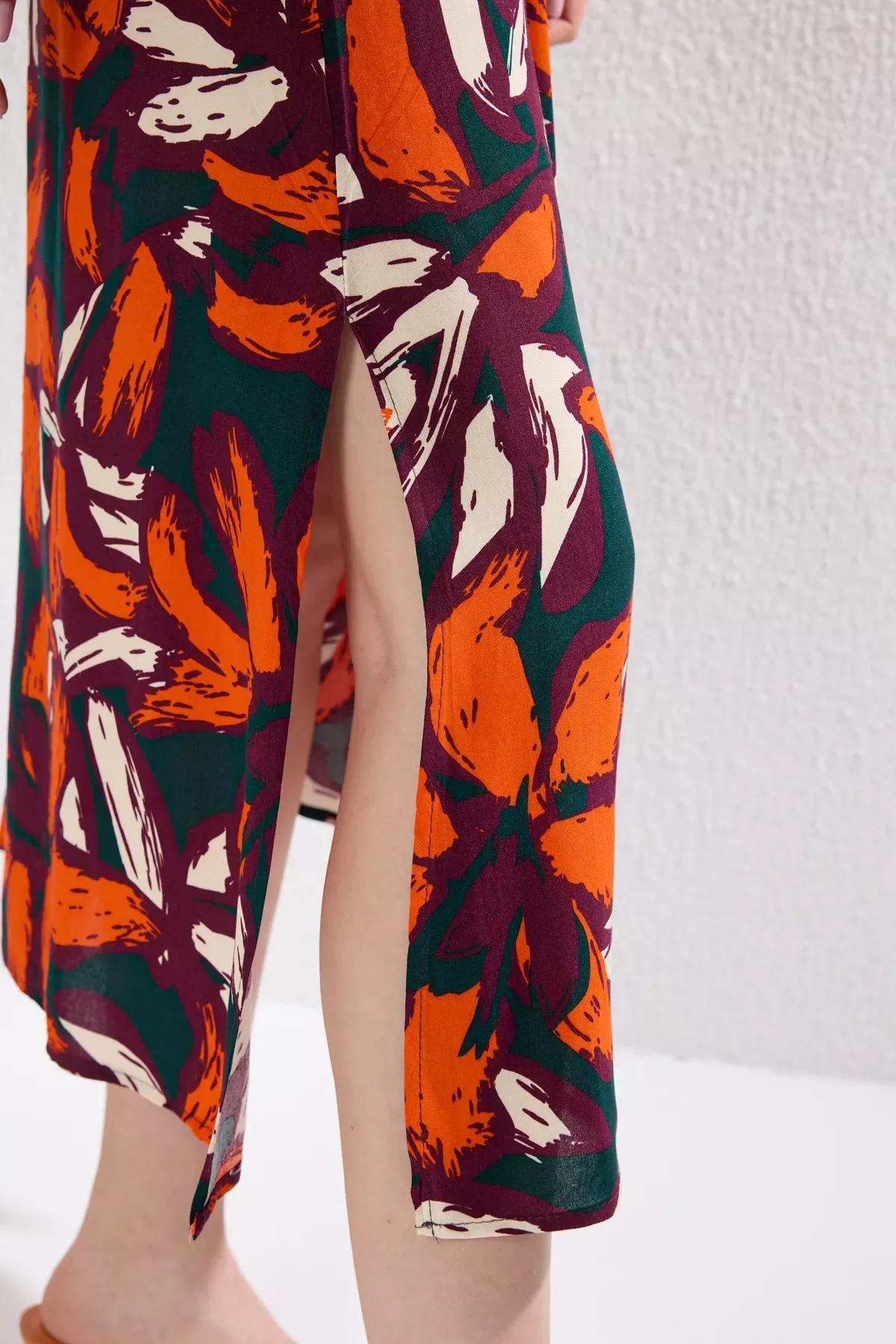 Orange Multicolor Floral A-Line Midi Dress, Very colorful, large image number 2