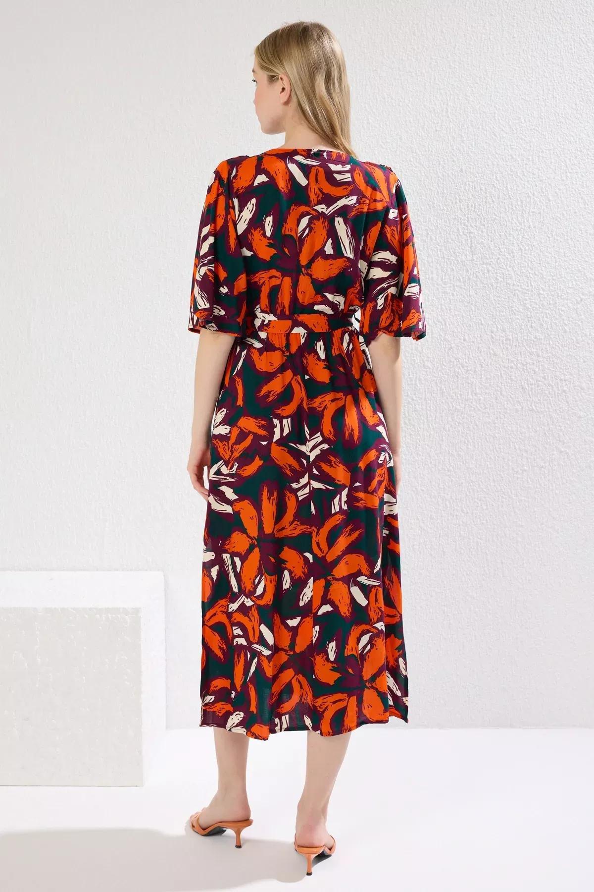 Orange Multicolor Floral A-Line Midi Dress, Very colorful, large image number 3