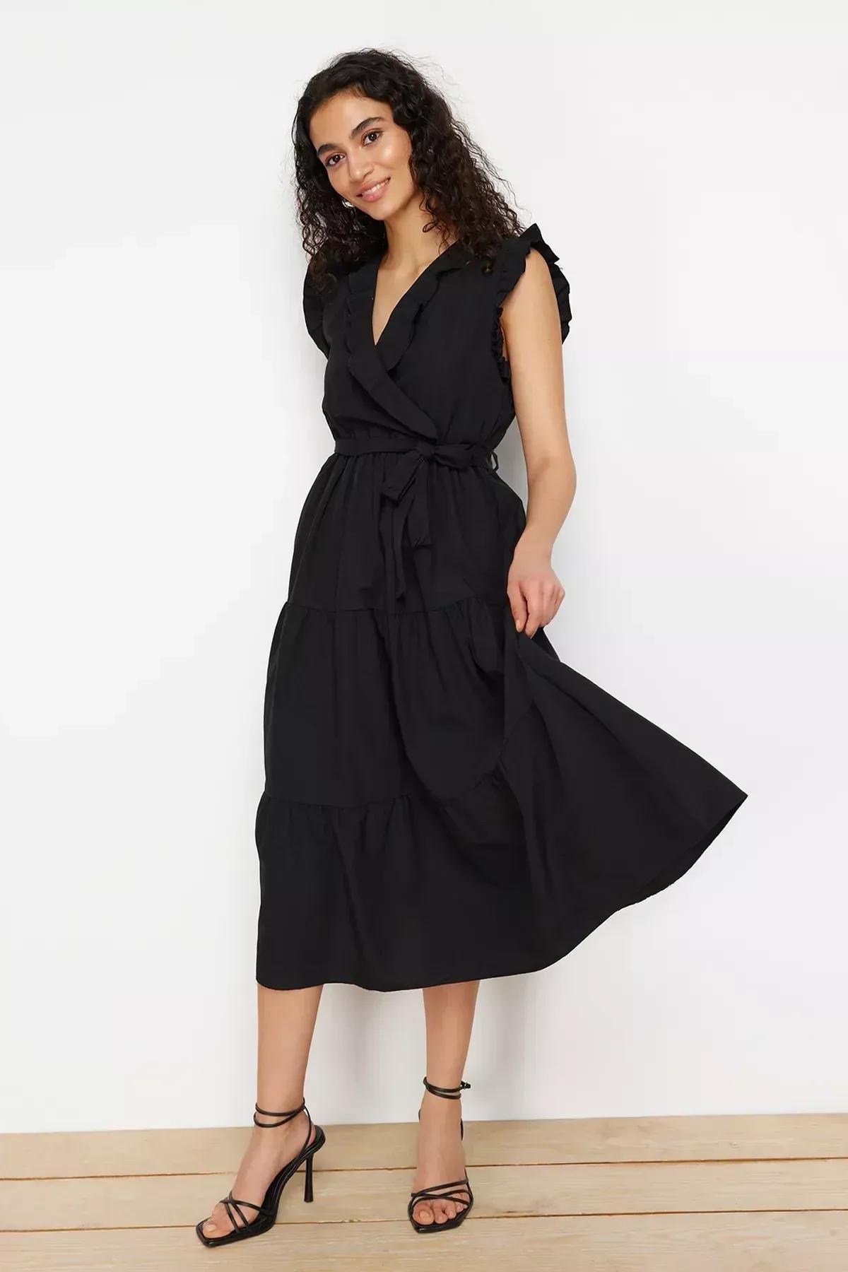 Black Belted A-Line Midi Dress, C101_5720, large image number 1