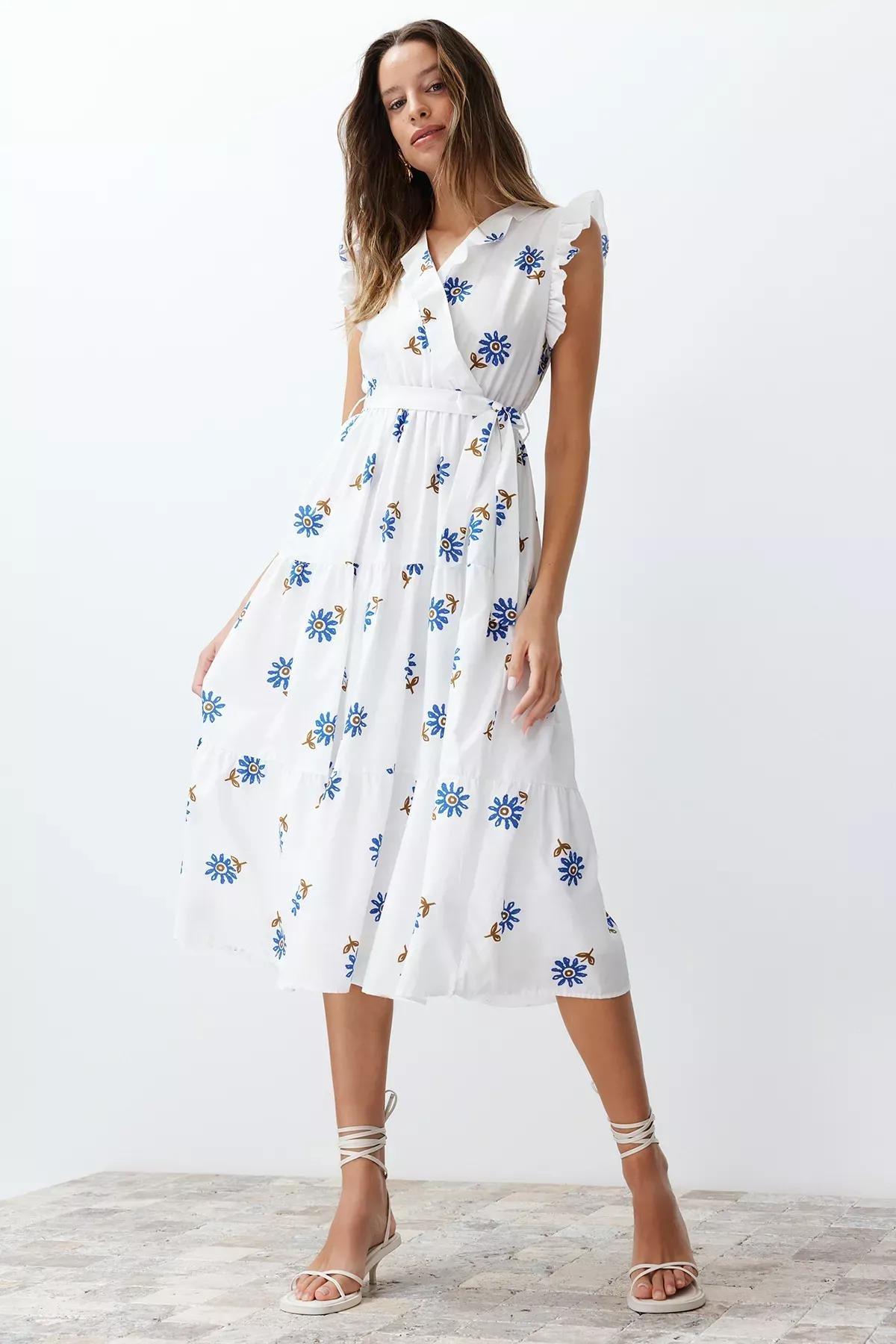 White Belted A-Line Double-Breasted Collared Midi Dress, White, large image number 0