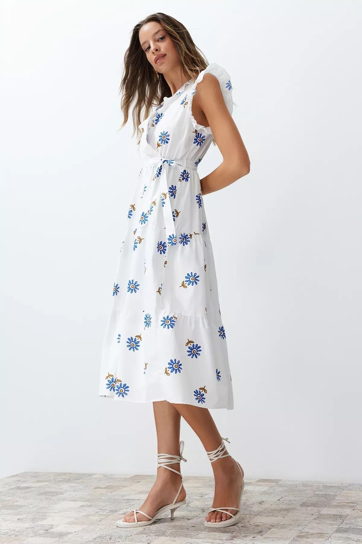 White Belted A-Line Double-Breasted Collared Midi Dress, White, large image number 2