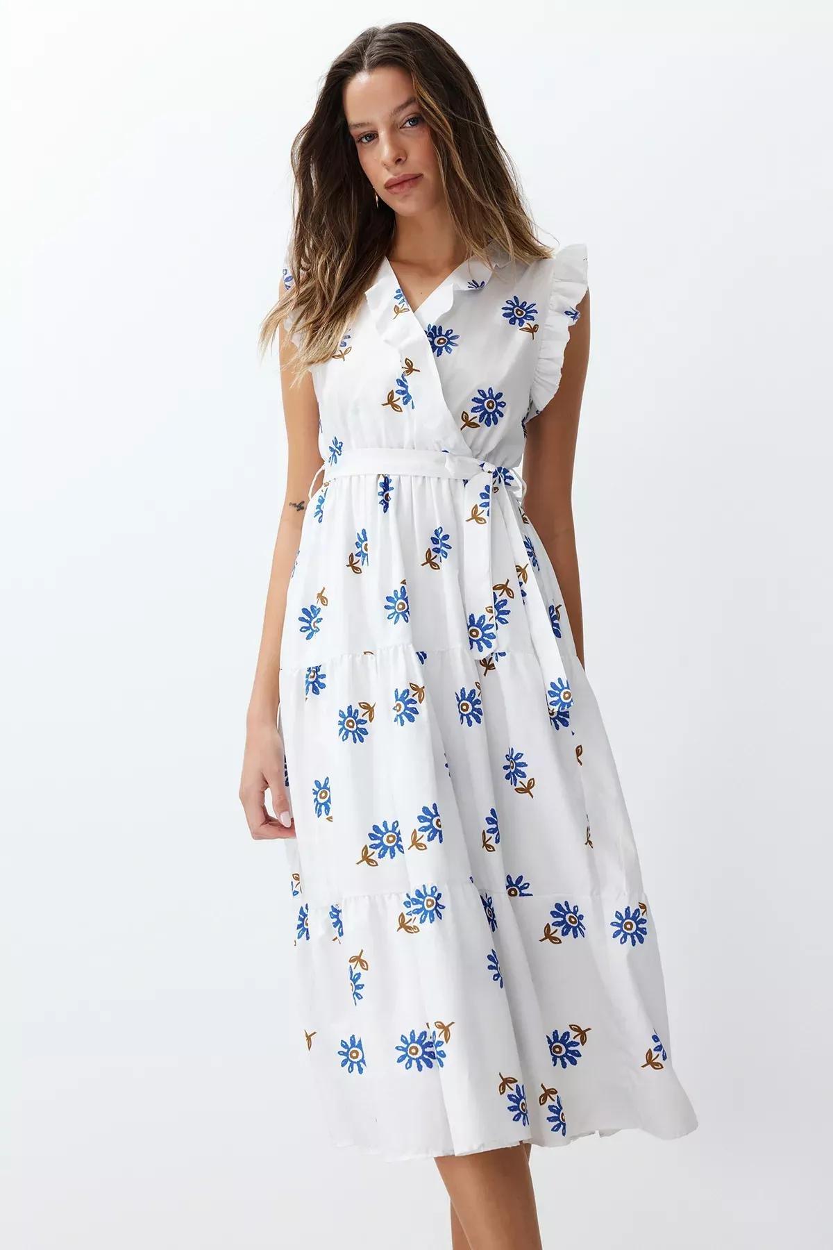 White Belted A-Line Double-Breasted Collared Midi Dress, White, large image number 3