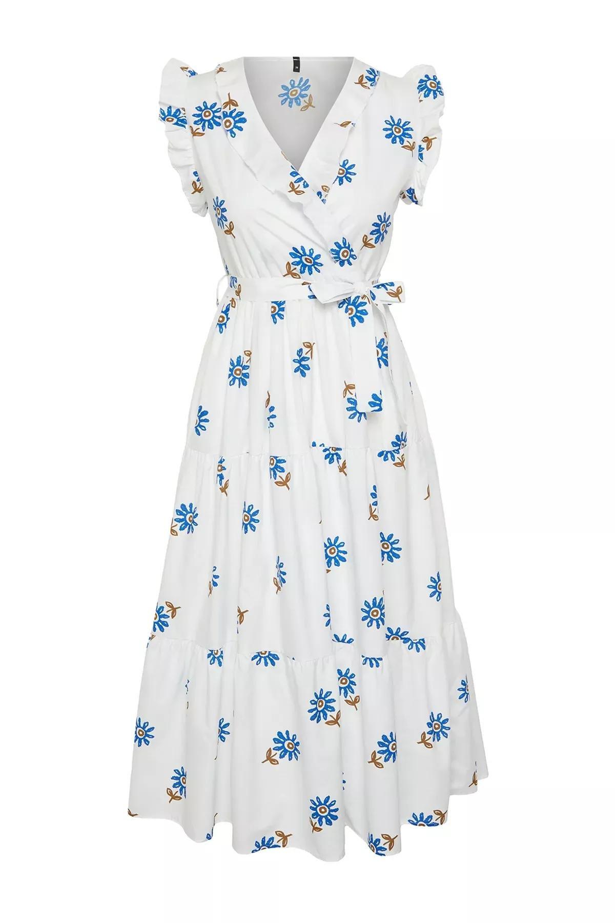 White Belted A-Line Double-Breasted Collared Midi Dress, White, large image number 6