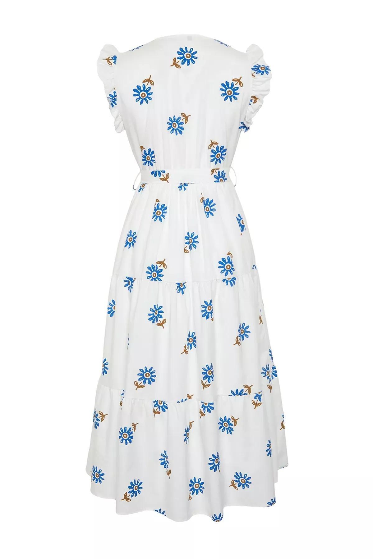 White Belted A-Line Double-Breasted Collared Midi Dress, White, large image number 7
