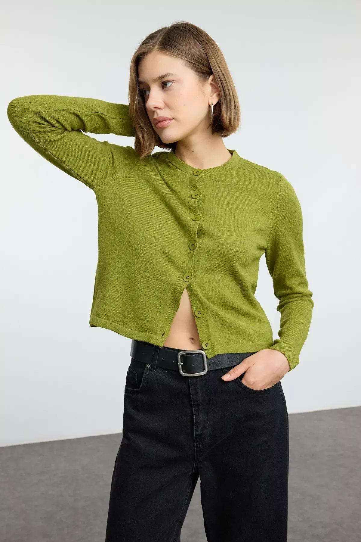 Green Wool Knit Cardigan, Green, large image number 0