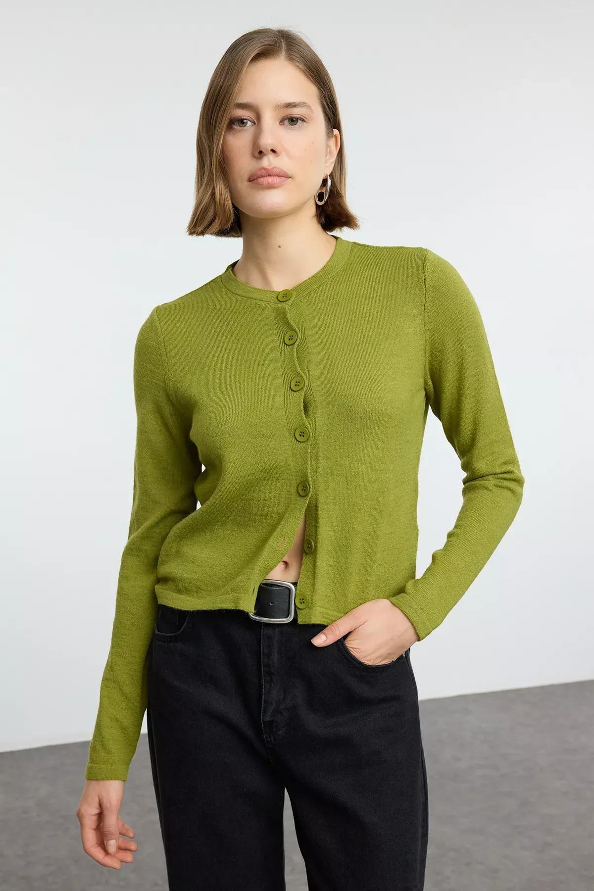 Green Wool Knit Cardigan, Green, large image number 1