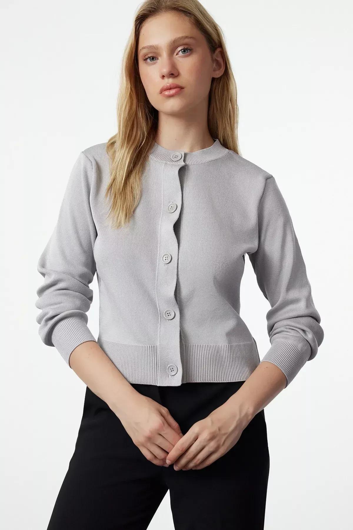 Grey Crew Neck Knitwear Cardigan, Grey, large image number 1