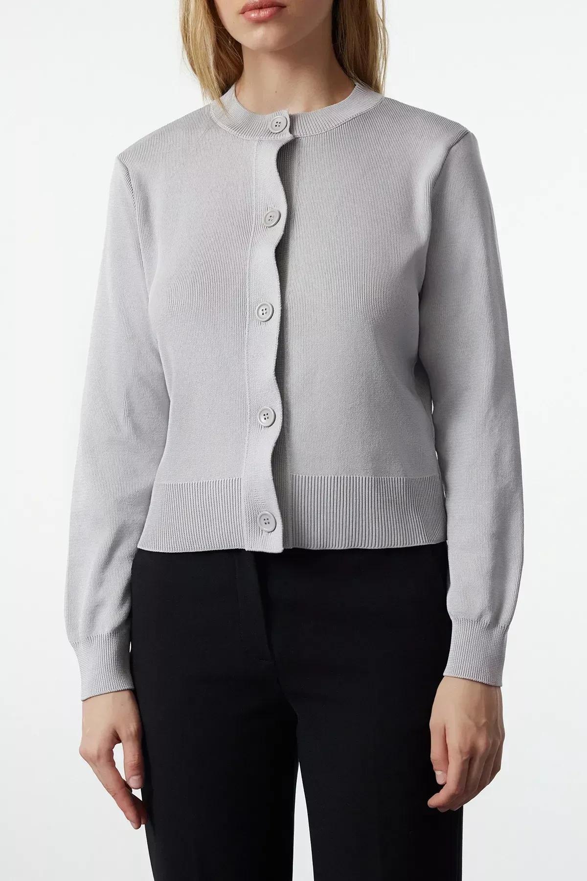 Grey Crew Neck Knitwear Cardigan, Grey, large image number 3