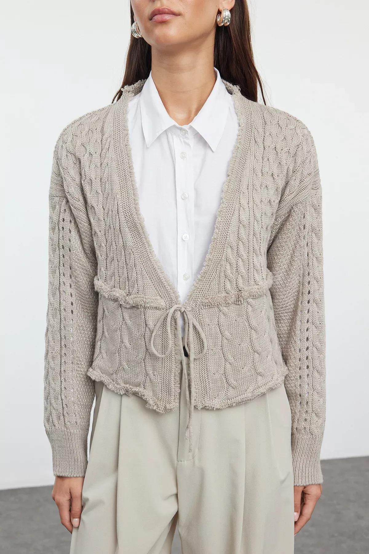 Beige Crop Tie Detail Knit Cardigan, Beige, medium