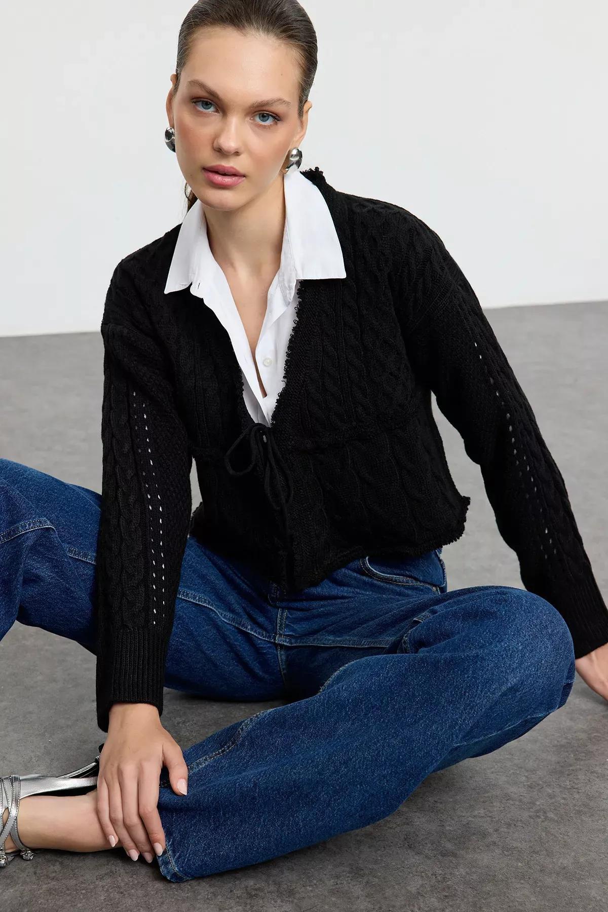 Black Crop Tie Knit Cardigan, , large image number 0