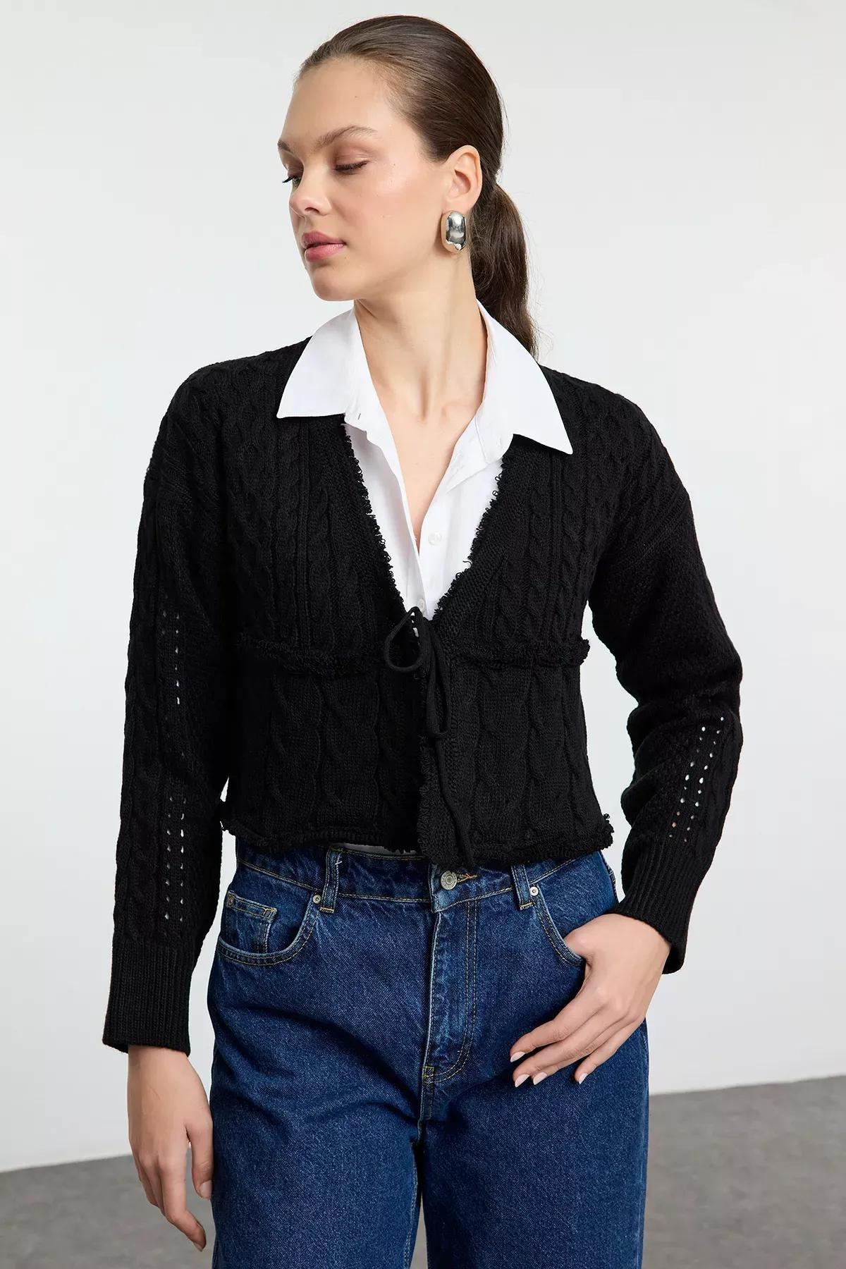 Black Crop Tie Knit Cardigan, , large image number 1