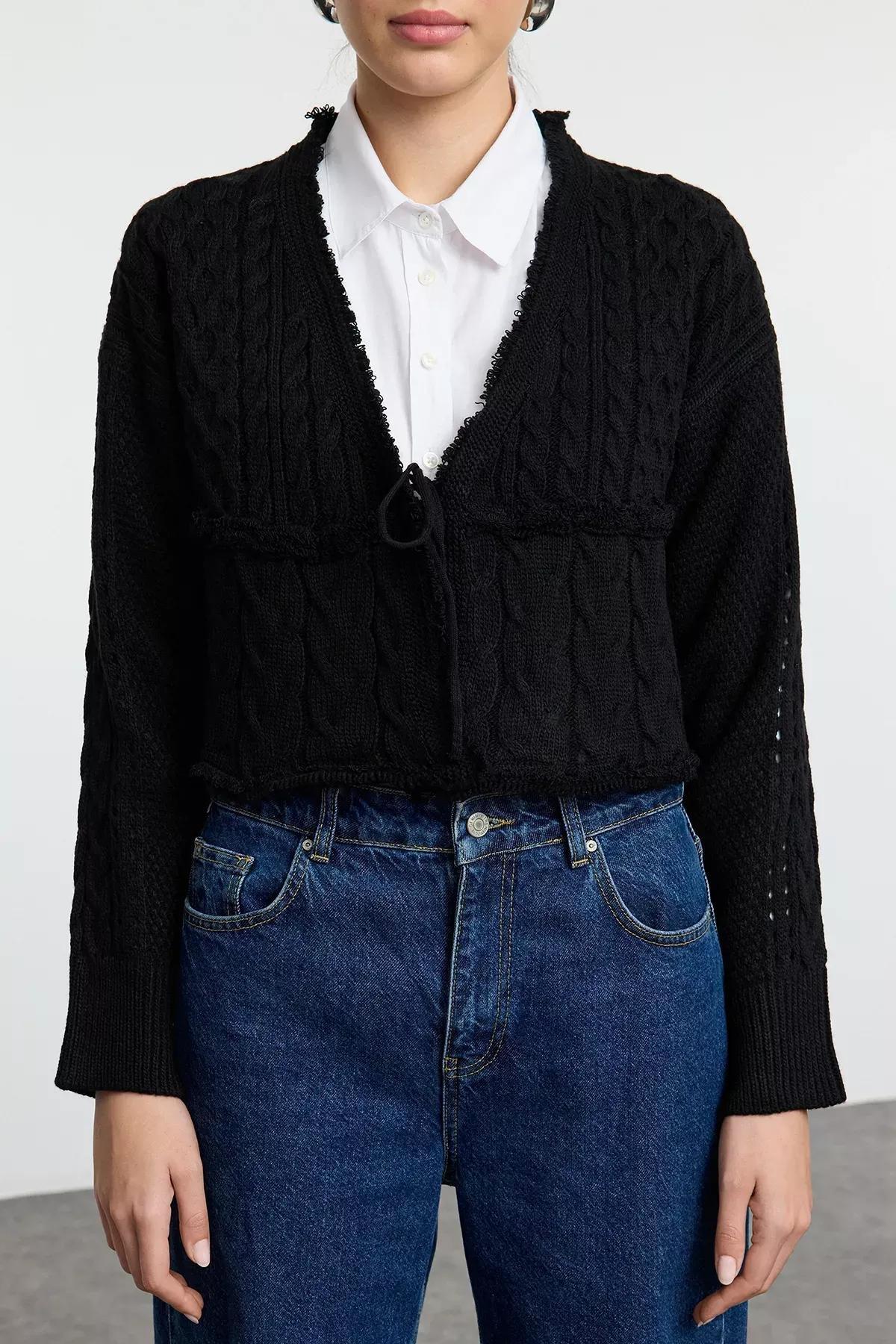 Black Crop Tie Knit Cardigan, , large image number 2