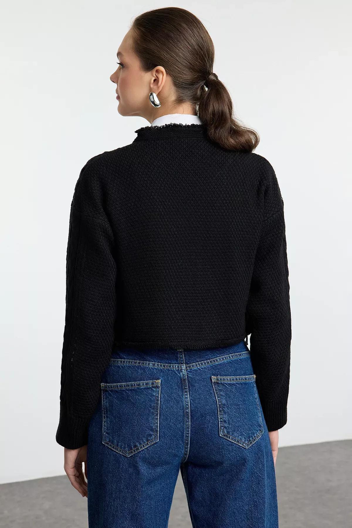 Black Crop Tie Knit Cardigan, , large image number 4