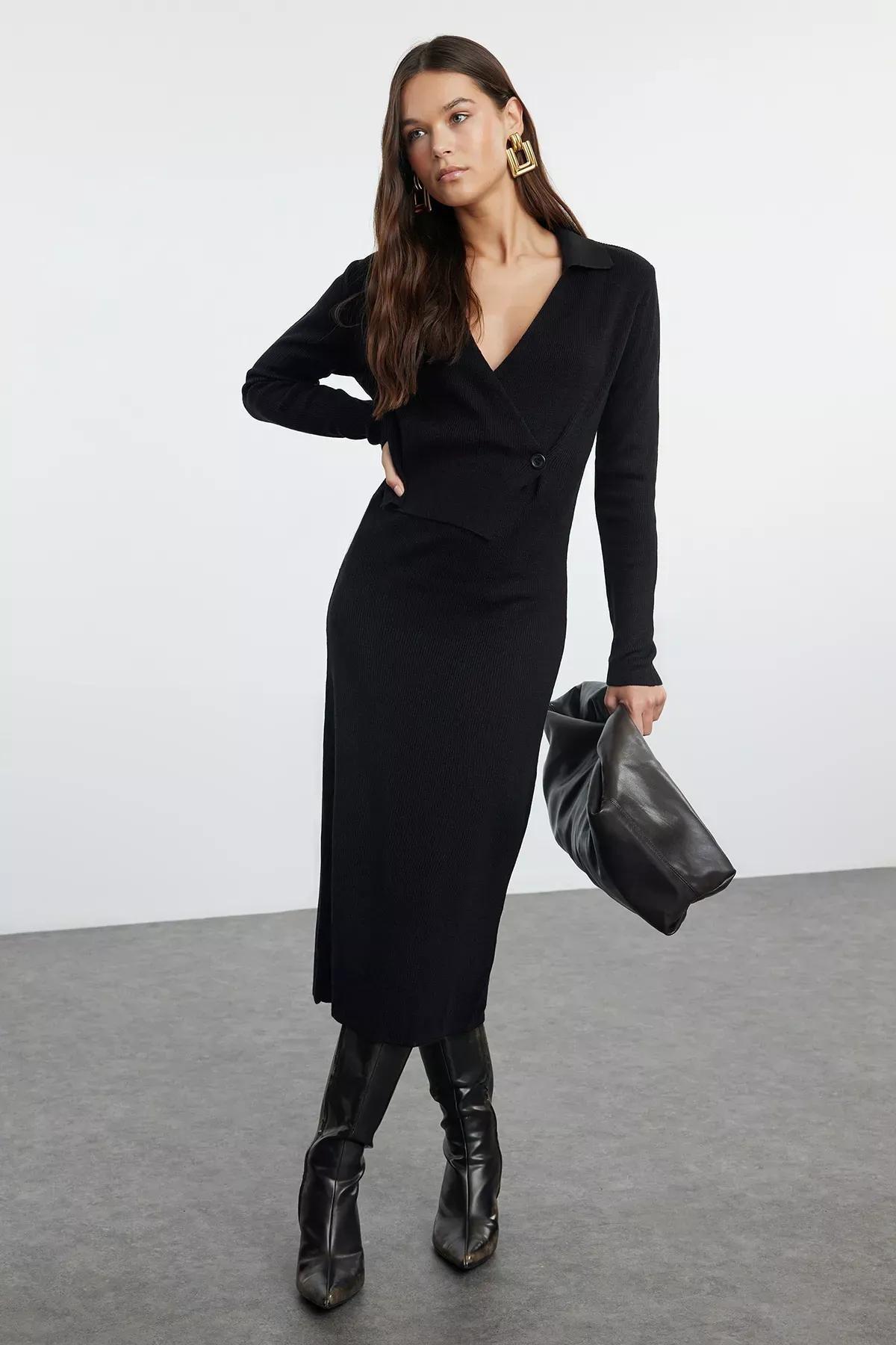 Black Knitwear Straight Double-Breasted Dress, BLACK, large image number 0