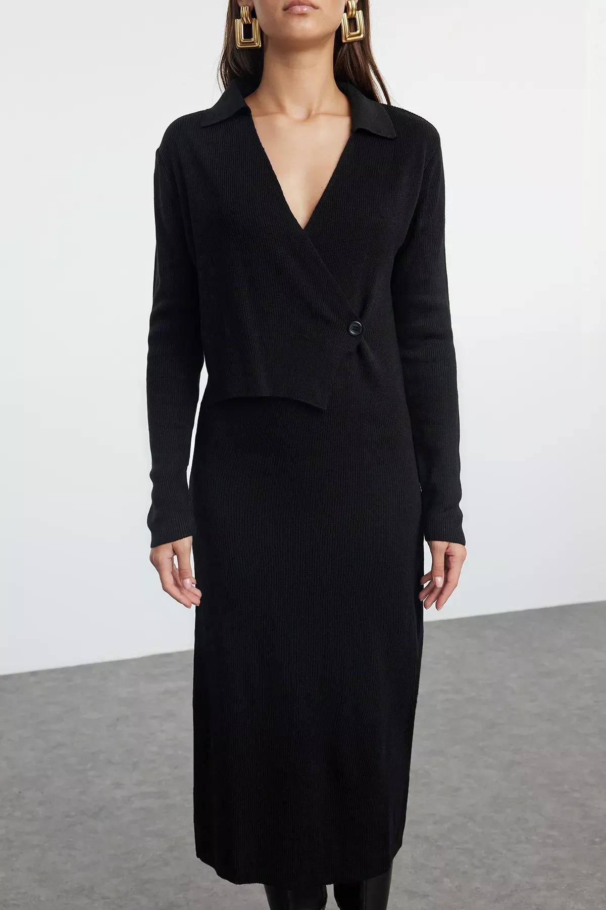 Black Knitwear Straight Double-Breasted Dress, , large image number 2