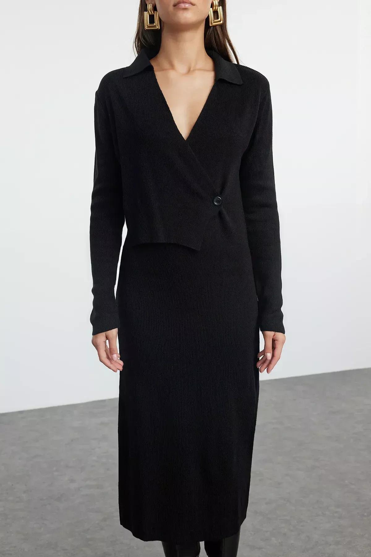 Black Knitwear Straight Double-Breasted Dress, BLACK, large image number 2